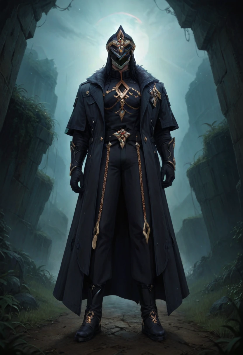 Capitano (Genshin Impact), A tall man with a rather large build. long black hair, Long black hair that escapes from under the helmet and falls over his shoulders. The helmet hides the face, which is in a state of "decomposition" and disfiguration. He's wearing a typical winter coat. He's wearing a black jumpsuit with gold chains and accessories under his coat. He also wears a pair of gloves with claws. dark atmosphere, thriller, dark fantasy, 1man, Depth & Perspective, He stands in the middle of the night realm surrounded on all sides by light silhouettes of souls, outdoors, a dark blue void in the background, His gaze was turned away, (ultra-high detail:1.2), Masterpiece, Best Quality, Ultra-detailed, 