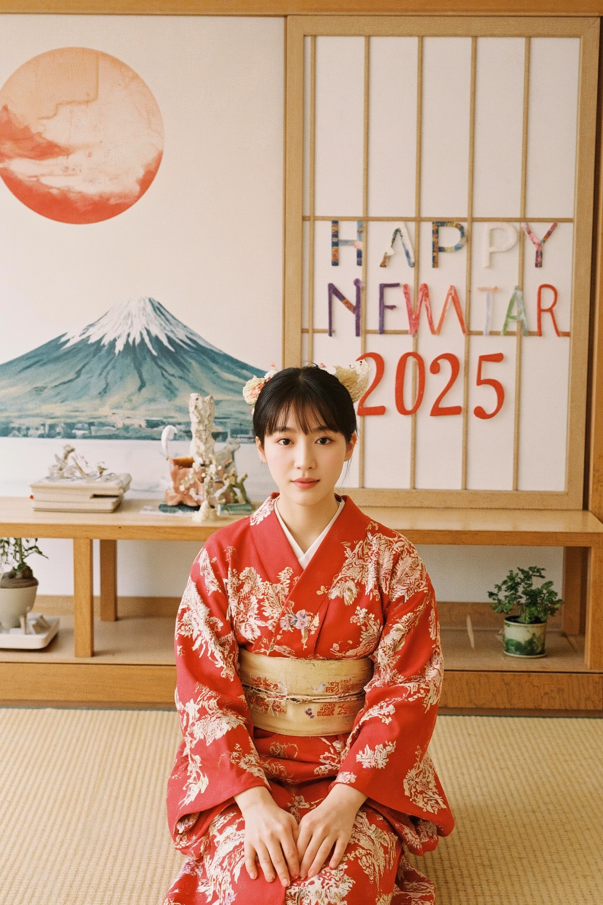 photo realistic, realism, super photography, A vibrant scene unfolds: Japanese sliding doors with Mt. Fuji painted in ink background, husuma, (((gradient text "HAPPY NEW YEAR 2025" takes center stage))), its bold letters gleaming with a festive tone., a young woman, very cute girl, actress, hirose_suzu, youthful, Front facing, smiling, seiza, sitting on the tatami floor, Hands placed on knees with fingers together, Japanese formal wear, wearing a kimono, furisode, gorgeous kimono, red and white kimono, lots of floral prints, Look straight ahead, A happy expression, black hair tied up, Geisha hair style, traditional Japanese hair ornament, in Japanese room, zashiki, Japanese New Year decoration background, bonsai, kakejiku, sumi-e, hude, Offering rice cakes, evoking Japanese charm., masterpiece, amazing quality, depth of field, high resolution,absurdres, newest, Cute, volumetric lighting, very aesthetic, (((not Chinese style))),
