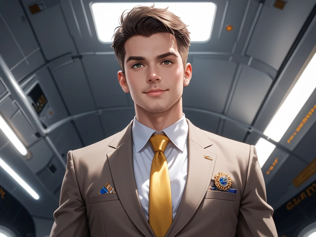 middle-aged man, light-skinned, likely of European descent, stands confidently in the foreground. He is positioned slightly off-center to the left side of the image, in a three-quarter view, facing the viewer. He is dressed in a dark gray/brown suit, a crisp white collared shirt, and a mustard yellow tie. His expression is serious and determined, with a hint of a confident smile. He appears well-groomed and sophisticated, and has short dark hair. His body is built with a slightly athletic build.
The background features a large, metallic airplane, mostly grey-black, in mid-air, with golden currency notes falling in abundance. These notes are numerous, forming a ground and air cover of golden currency. The lighting is bright and dramatic, with highlights on the man and airplane, casting some soft shadows in the surrounding areas of the scene. The setting suggests a prosperous, potentially wealthy atmosphere.
The overall style is realistically detailed, with a focus on the contrast between the richness of the gold currency and the man's serious demeanor, and the plane. The perspective is slightly high, as if looking down on the scene. The composition is visually striking, drawing the eye to the man's confident stance amidst the showering gold notes. The use of light and shadow adds depth to the image, making it dynamic