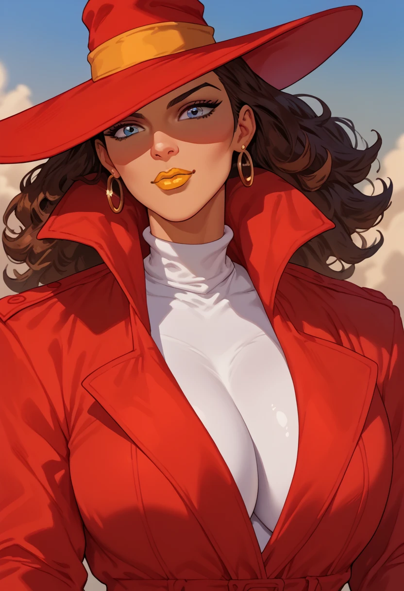 woman, big breasts, yellow lipstick, anime style, blue eyes, brown hair, white skin, open red coat, red hat, Carmen sandiego 