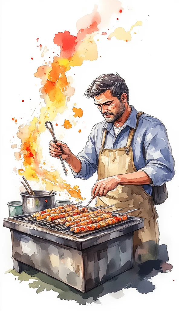 a photograph of a man from malaysia making satay in his food stall, white background