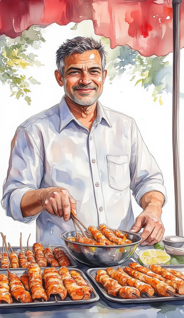 a photograph of a man from malaysia making satay in his food stall, white background