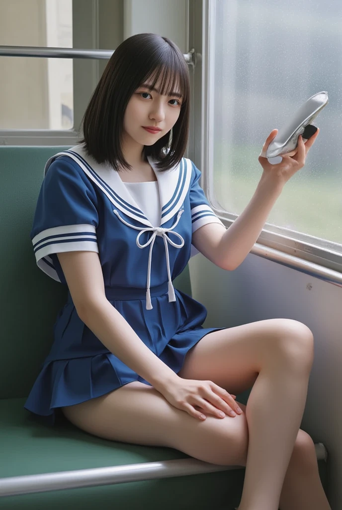 (Masterpiece,   top quality , 8k,    RAW photos ,    beautifully、   beautiful:1.2),    detailed information on dark black hair,    indirect lighting,    realistic, whole body,    sitting on a train chair   、   high school uniform  、   miniskirt 、((    white panties :1.8))、( super   realistic pantyhose)、stare at the audience 、smile、   happy   、   has a smartphone、Peeking、 woman&#39;  tile breaking training   ,       chair that can sit under a skirt ,  ultra high definition ,8k,Bokeh,   sharp concentration, Very complicated face   ,   beautiful足,thin,(   Beautiful breasts),   super detailed eyes
