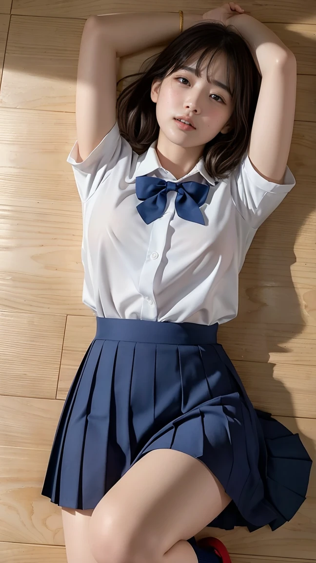 ((top-quality、8K、masterpiece:1.3))、1人、Slender Abs、sofas、hyperdetailed face、A detailed eye、二重まぶた、straight flat chest、tiny chest、small tits、neat college girl、short-hair、Straight bob hair、Shorthair with bangs、A smile、Schoolgirl Uniform、Panties are visible from the skirt、a 20 yo woman、Sheer white shirt、Navy blue ribbon at the collar、Dark blue pleated micro mini、Sexy、Peek at the viewer、Beautiful graphics、Bright school building with strong sunlight、Show me your whole body、is standing、Plump panties、White Sox、Lift the hem of the skirt with both hands、Showing white panties、depth of fields、Bokeh in the background、