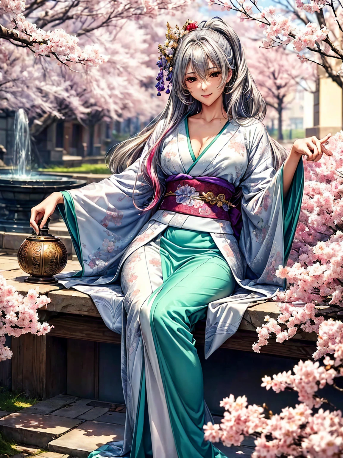 ((( top quality)))、((('s greatest masterpiece)))、Beauty Painting、 8k 、 ultra high quality、1 Female: perfect anatomy, Age 20、  beautiful body、  beautiful breasts、  beautiful faces:smile、 best skin and hair texture  、((Beautiful patterned and colored kimonos:Purple:green:silver:red: colorful ))、The skin is exposed from the kimono 、 I Can See My Chest 、Beautiful fountain:Cherry blossom trees、 natural light、 high resolution images、 full picture、