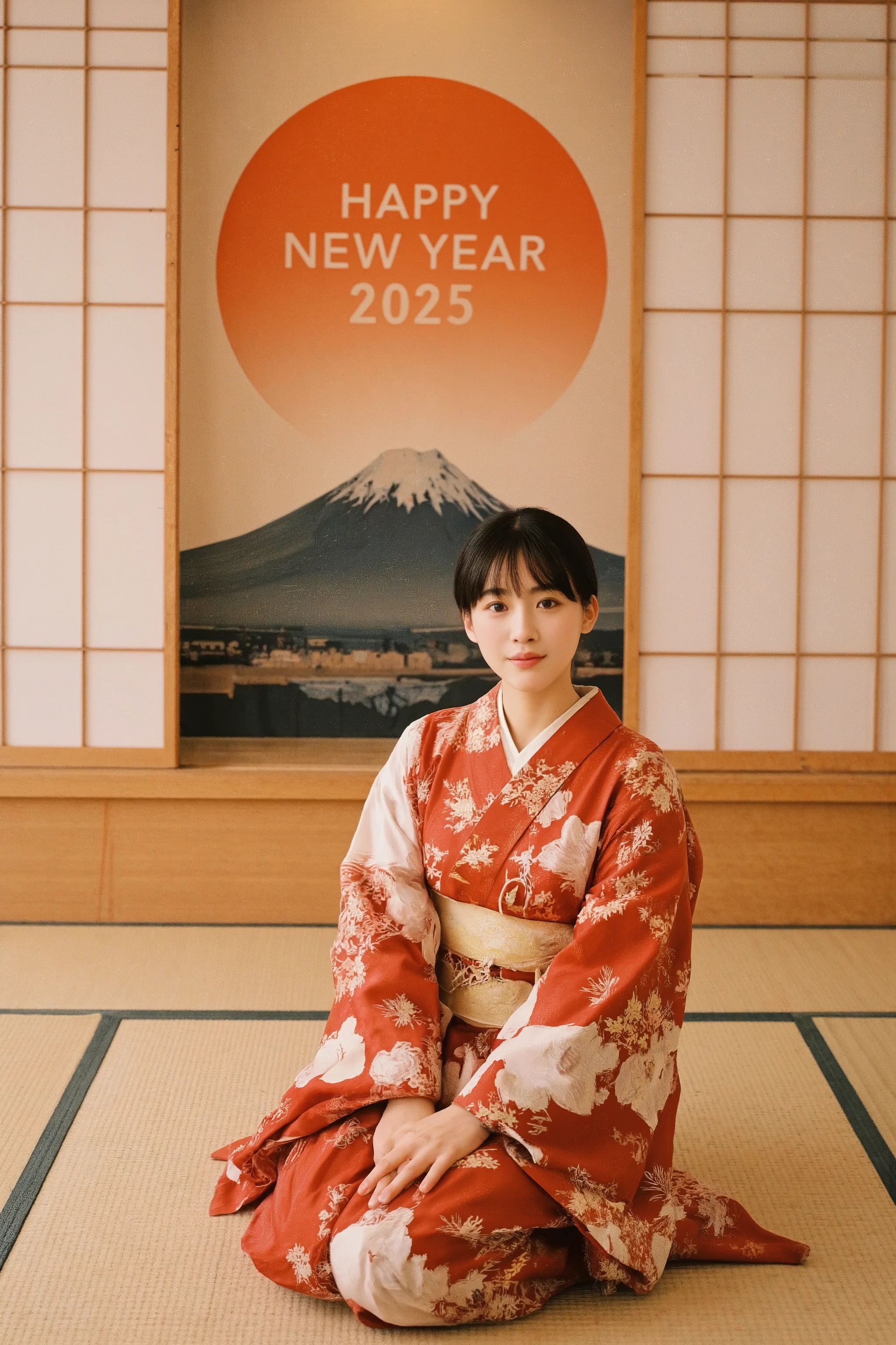 photo realistic, realism, super photography, A vibrant scene unfolds: Japanese sliding doors with Mt. Fuji painted in ink background, husuma, (((gradient text "HAPPY NEW YEAR 2025" takes center stage))), its bold letters gleaming with a festive tone., a young woman, very cute girl, actress, hirose_suzu, youthful, Front facing, smiling, seiza, sitting on the tatami floor, Hands placed on knees with fingers together, Japanese formal wear, wearing a kimono, furisode, gorgeous kimono, red and white kimono, lots of floral prints, Look straight ahead, A happy expression, black hair tied up, Geisha hair style, traditional Japanese hair ornament, in Japanese room, zashiki, Japanese New Year decoration background, bonsai, kakejiku, sumi-e, hude, Offering rice cakes, evoking Japanese charm., masterpiece, amazing quality, depth of field, high resolution,absurdres, newest, Cute, volumetric lighting, very aesthetic, (((not Chinese style))),
