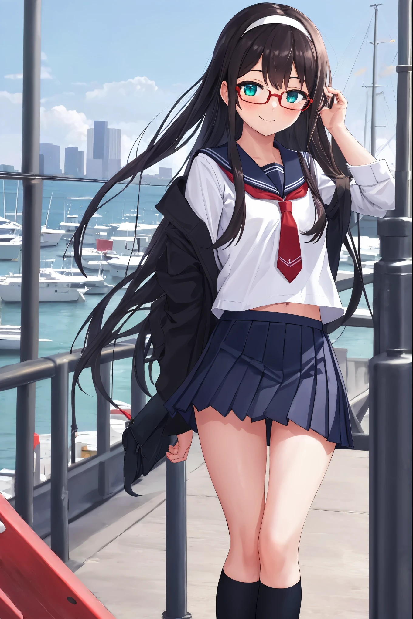 best quality, masterpiece, highres, solo, {ooyodo_kantaicollection:1.15}, black_hair, long_hair, glasses, hairband, semi-rimless_eyewear, under-rim_eyewear, blue_eyes, green_eyes, blush,small_breasts, 1girl, school_uniform, serafuku, pleats_skirt, looking_at_viewer, necktie, harbor_town_background, red_necktie,(angry:0.7),smile,,thigh-highs,solo