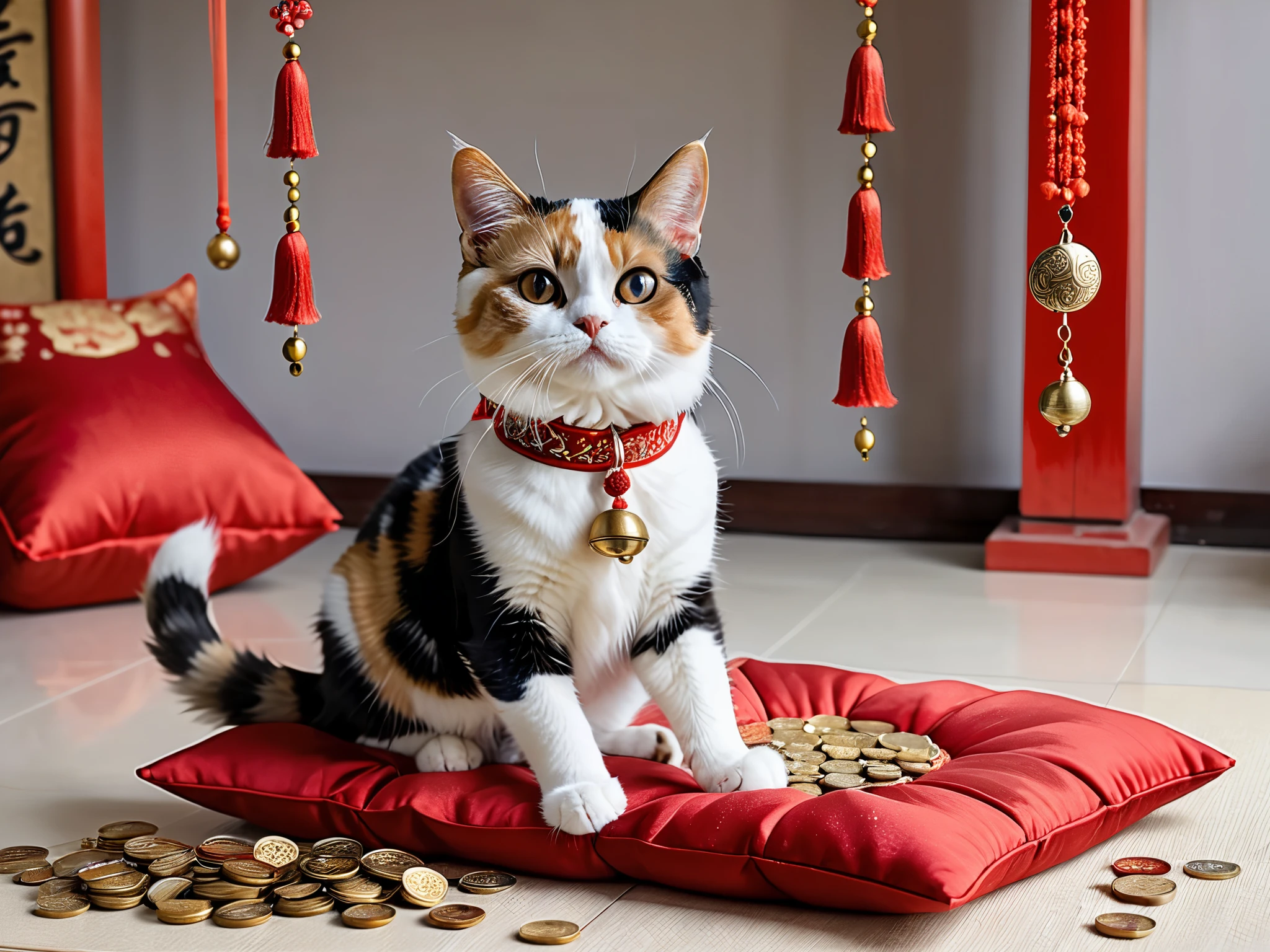 standing on its back leg 、 Frontal view of a calico cat sitting on a red cushion in a beckoning pose with its right forefoot。 wearing a red collar with a bell 。There are a lot of coins falling on the floor。There is an Asian-style hanging decoration on the wall 。