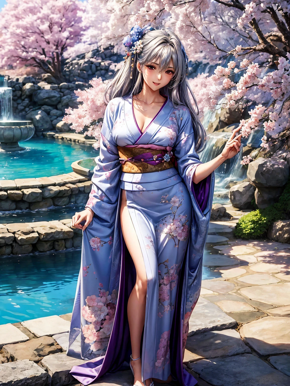 ((( top quality)))、((('s greatest masterpiece)))、Beauty Painting、 8k 、 ultra high quality、1 Female: perfect anatomy, Age 20、  beautiful body、  beautiful breasts、  beautiful faces:smile、 best skin and hair texture  、(( beautiful patterned and colored kimono:Purple:blue:silver:red:colorful ))、The skin is exposed from the kimono 、 I Can See My Chest 、Beautiful fountain:Cherry blossom trees、 natural light、 high resolution images、 full picture、