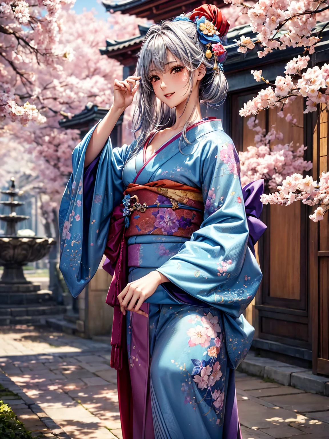 ((( top quality)))、((('s greatest masterpiece)))、Beauty Painting、 8k 、 ultra high quality、1 Female: perfect anatomy, Age 20、  beautiful body、  beautiful breasts、  beautiful faces:smile、 best skin and hair texture  、(( beautiful patterned and colored kimono:Purple:blue:silver:red:colorful ))、The skin is exposed from the kimono 、 I Can See My Chest 、Beautiful fountain:Cherry blossom trees、 natural light、 high resolution images、 full picture、