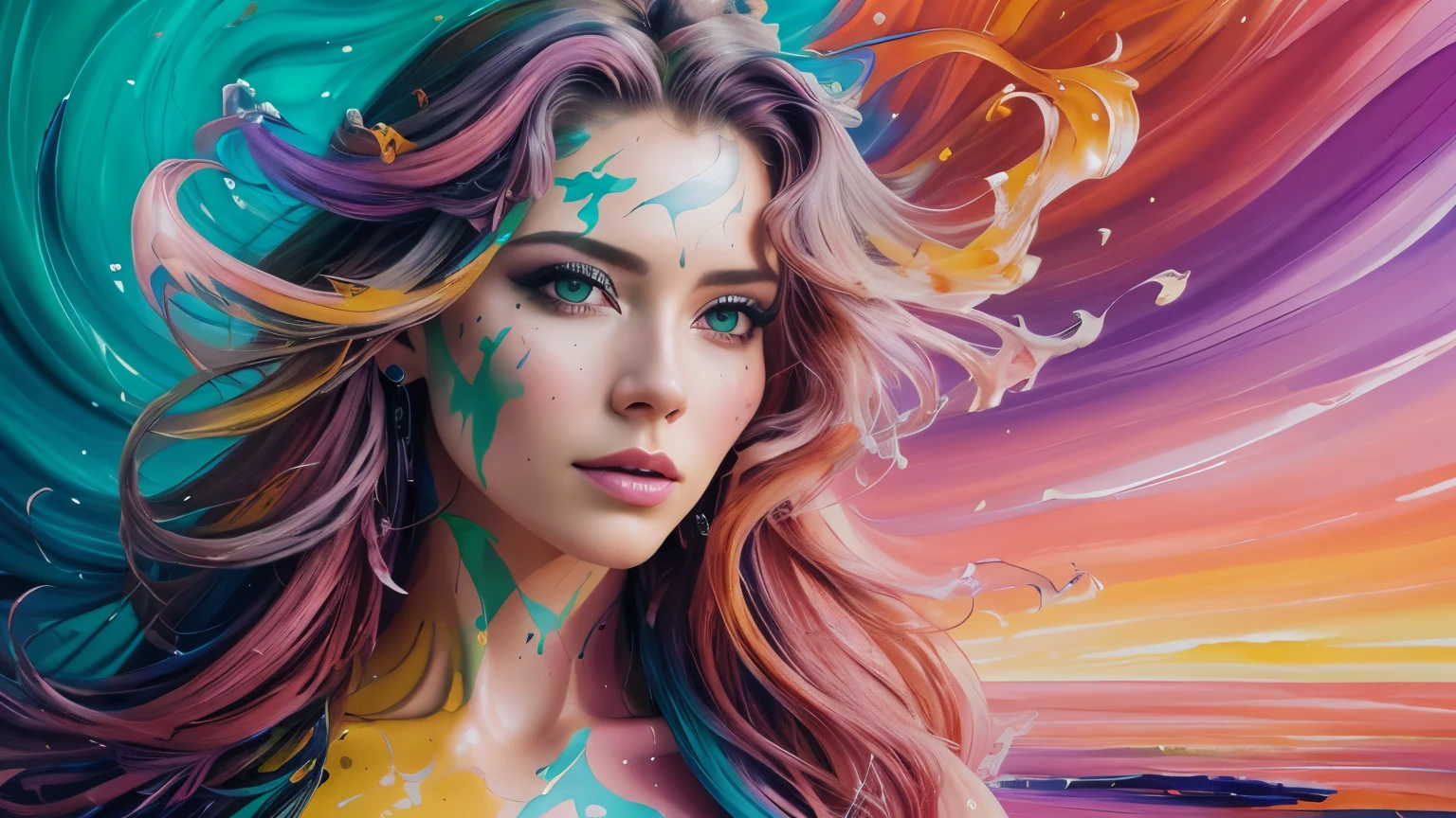 Beautiful nude woman fused with an unparalleled masterpiece abstract art background, her hair is rainbow colored and she looks very beautiful, high resolution, high quality, realistic, the best abstract painting ever, beautiful woman, digital painting, masterpiece, precise fingers