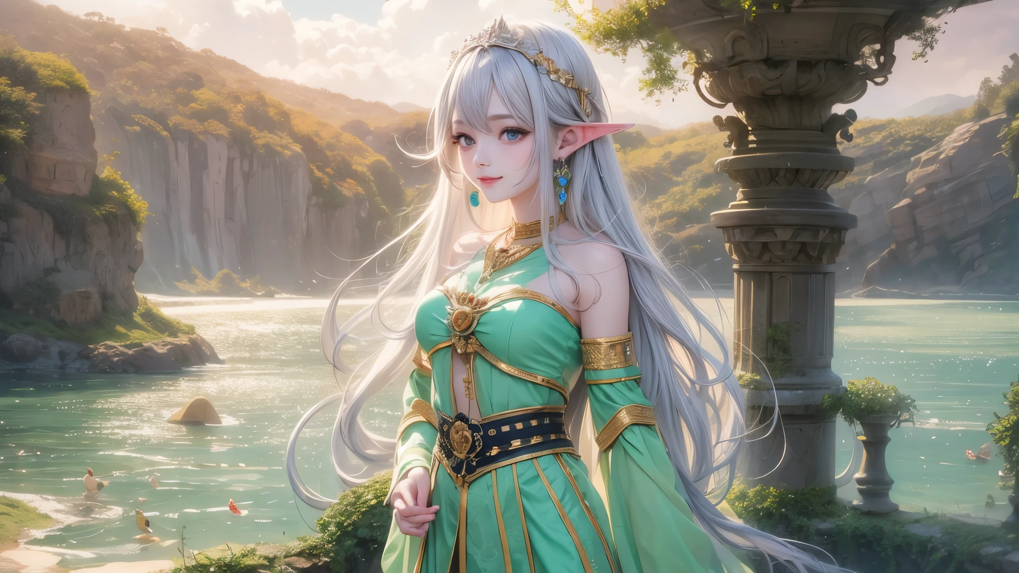 (master piece),(4k),high quality, small breasts,1girl,elf,long silver hair,pale skin,smile,white and blue costume,lakeside,(beautiful fantasy anime),film Lighting
