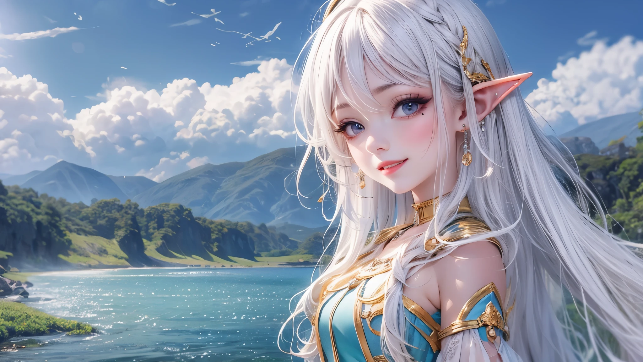 (master piece),(4k),high quality, small breasts,1girl,elf,long silver hair,pale skin,smile,white and blue costume,lakeside,(beautiful fantasy anime),film Lighting
