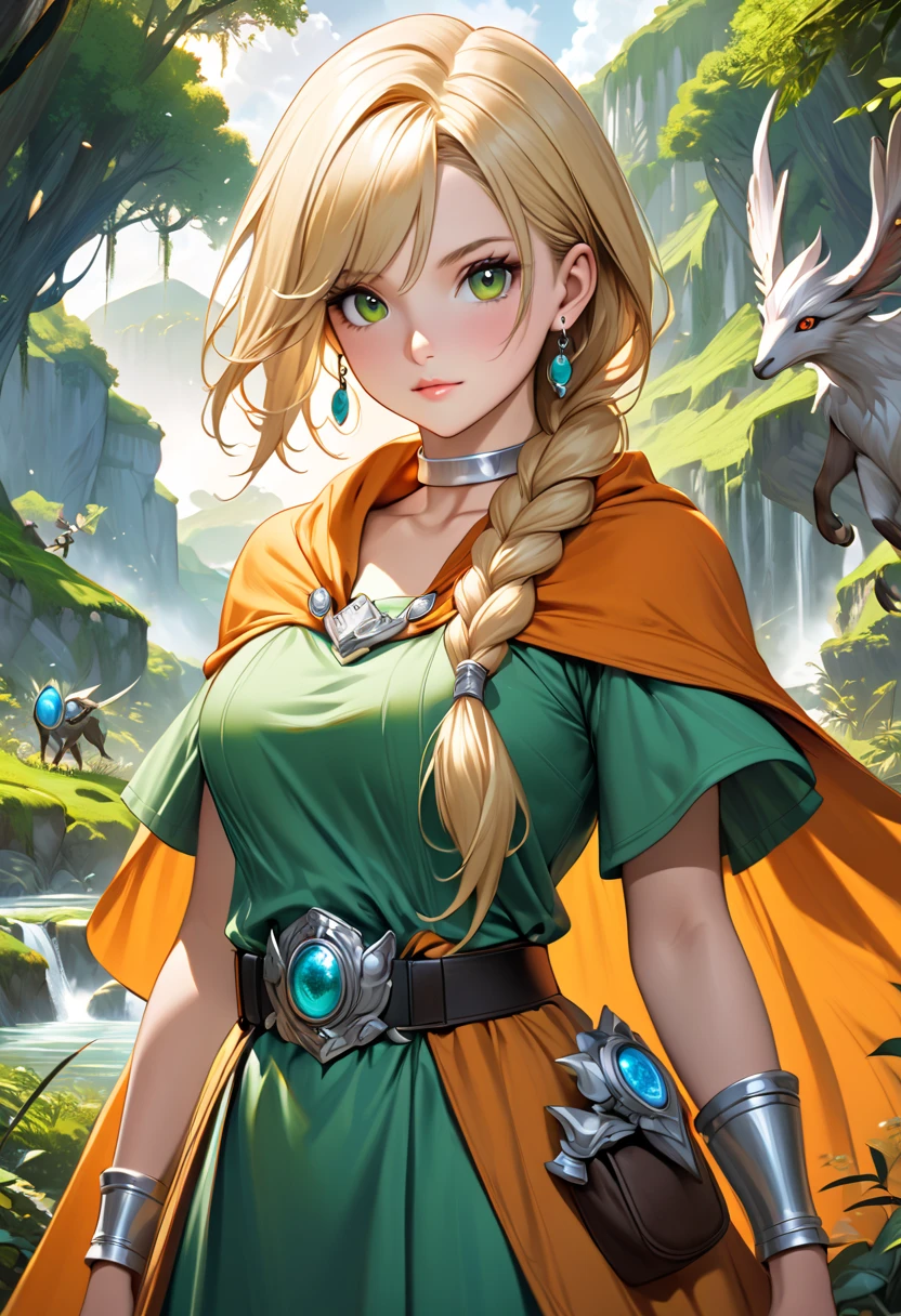 ultra-realism, illustrative realism, Epic fantasy art with magical creatures and lush landscapes, 1girl, solo, DQ Bianca, single braid, hair over shoulder, earrings, silver choker, orange cape, green dress, belt, from front, cowboy shot, looking at viewer, blonde hair, cute face in anime style, 