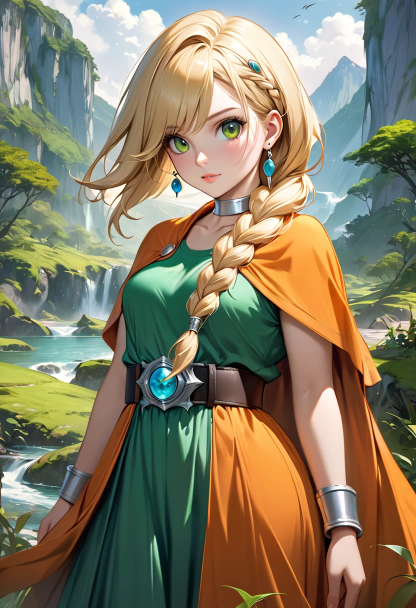 ultra-realism, illustrative realism, Epic fantasy art with magical creatures and lush landscapes, 1girl, solo, DQ Bianca, single braid, hair over shoulder, earrings, silver choker, orange cape, green dress, belt, from front, cowboy shot, looking at viewer, blonde hair, cute face in anime style, 