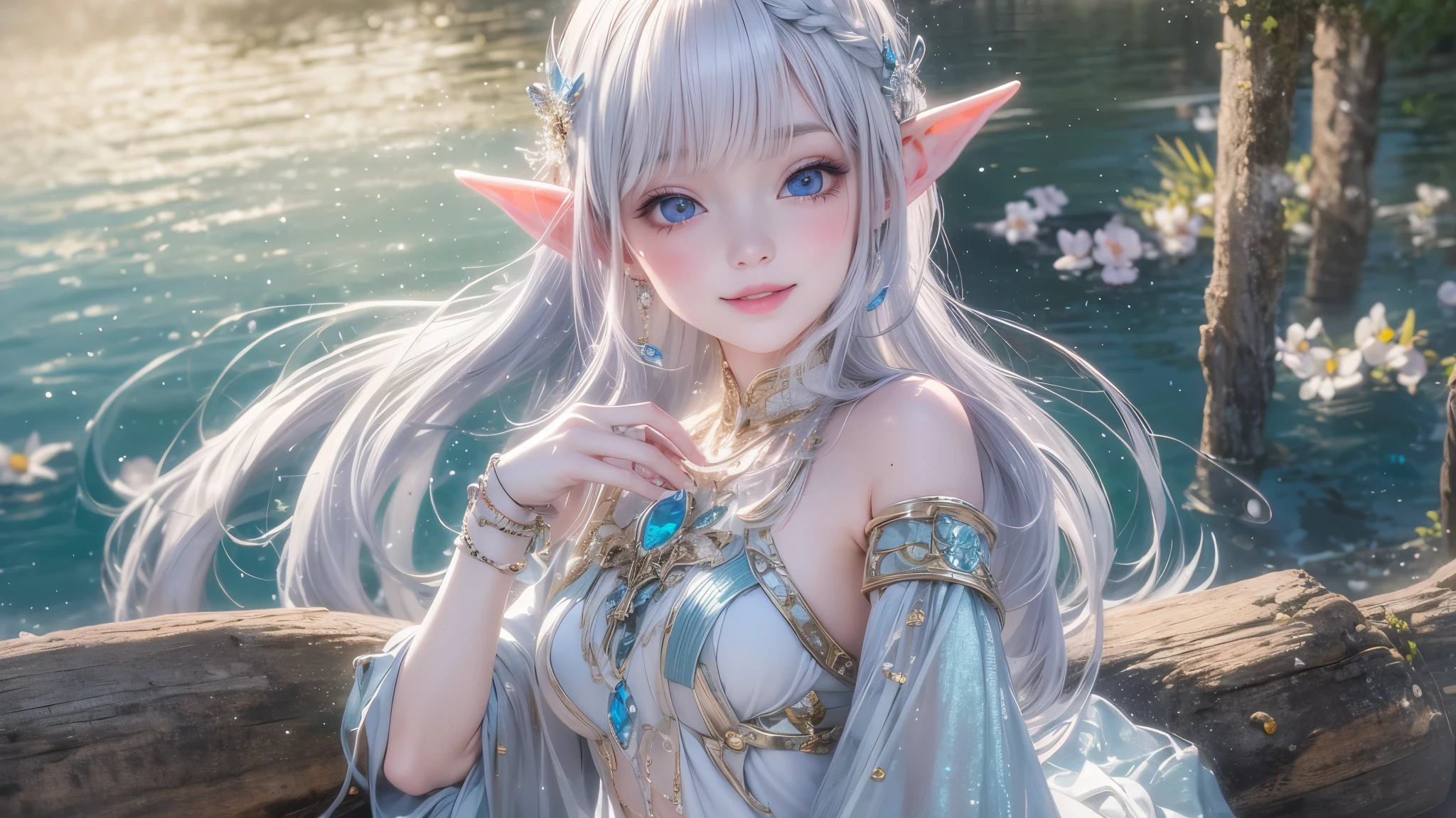 (master piece),(4k),high quality, small breasts,1girl,elf,long silver hair,pale skin,smile,white and blue costume,lakeside,(beautiful fantasy anime),film Lighting
