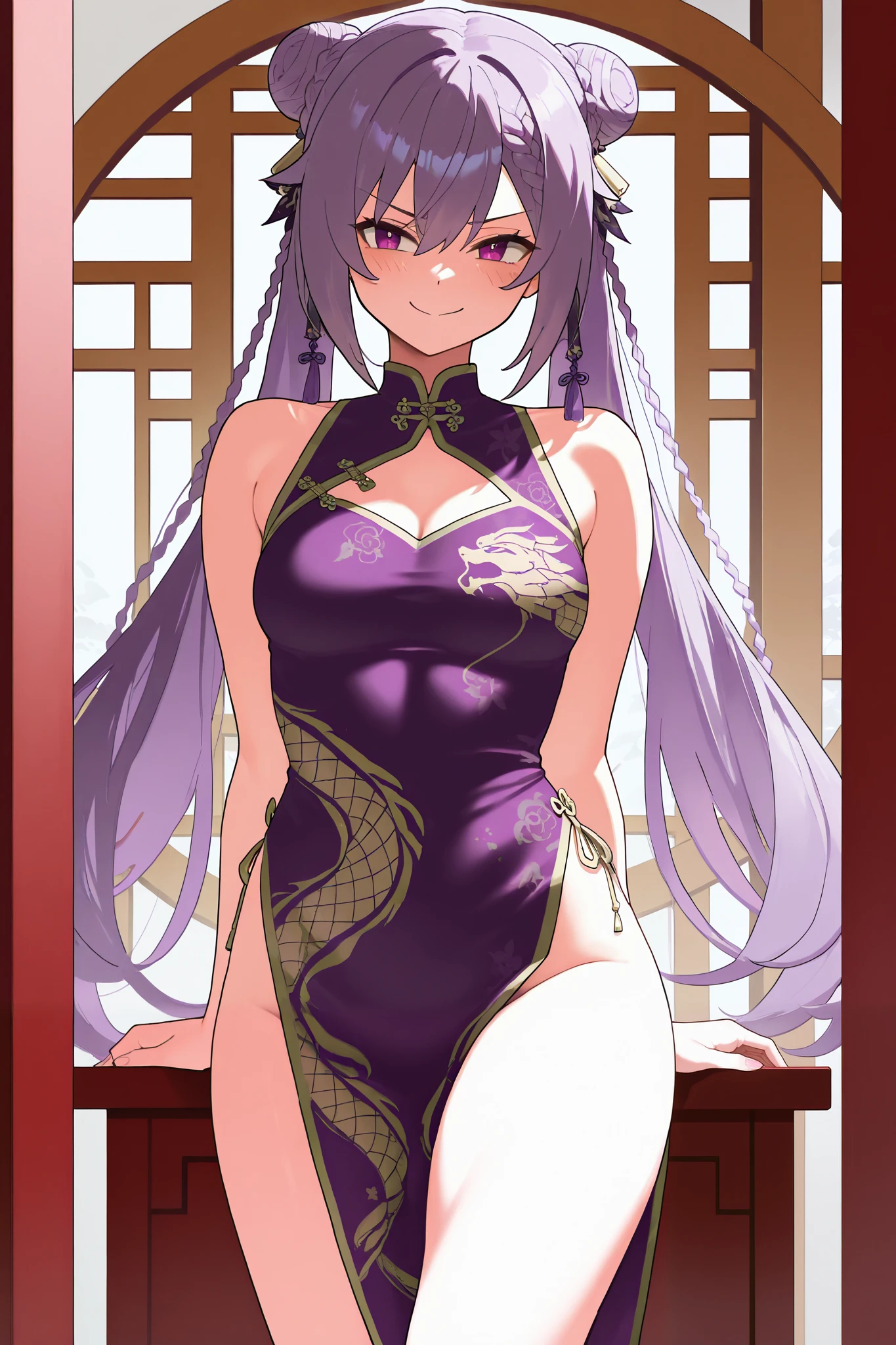 NSFW,masterpiece, top quality, high definition, very detailed,Keqing、 braids、コーンHair Bun、Hair Bun、 hair ornament、 Long Hair 、 purple eyes、 purple hair, china dress,Chinese style house, provocative smile , is standing