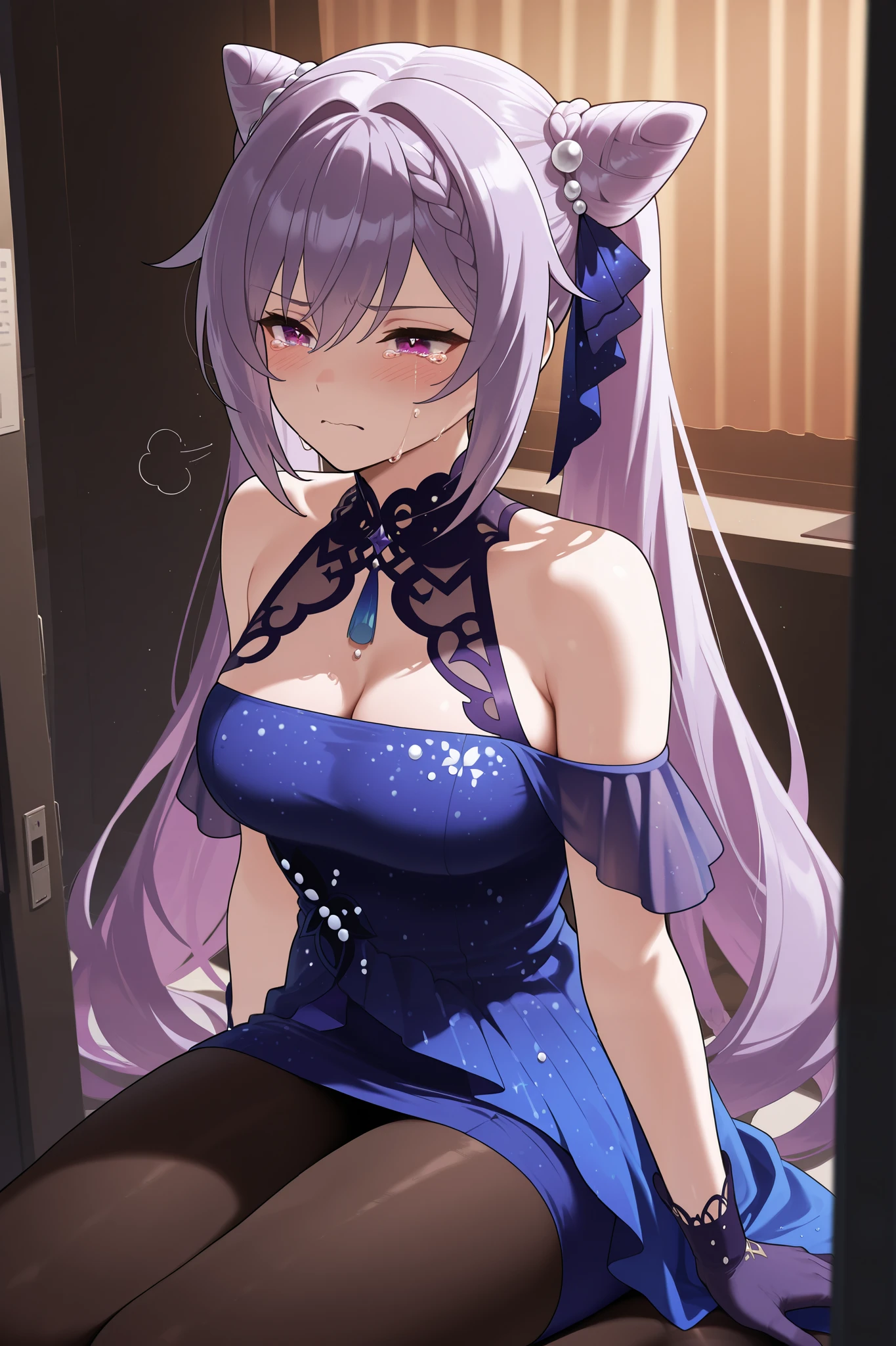 NSFW,masterpiece, top quality, high definition, very detailed,Keqing、 braids、コーンHair Bun、Hair Bun、 hair ornament、 Long Hair 、 purple eyes、 purple hair, Exposed Shoulders、 black pantyhose、Sleeveless、 dress、gloves,Office at night, crying face, exhaustion, I'm tired, sigh