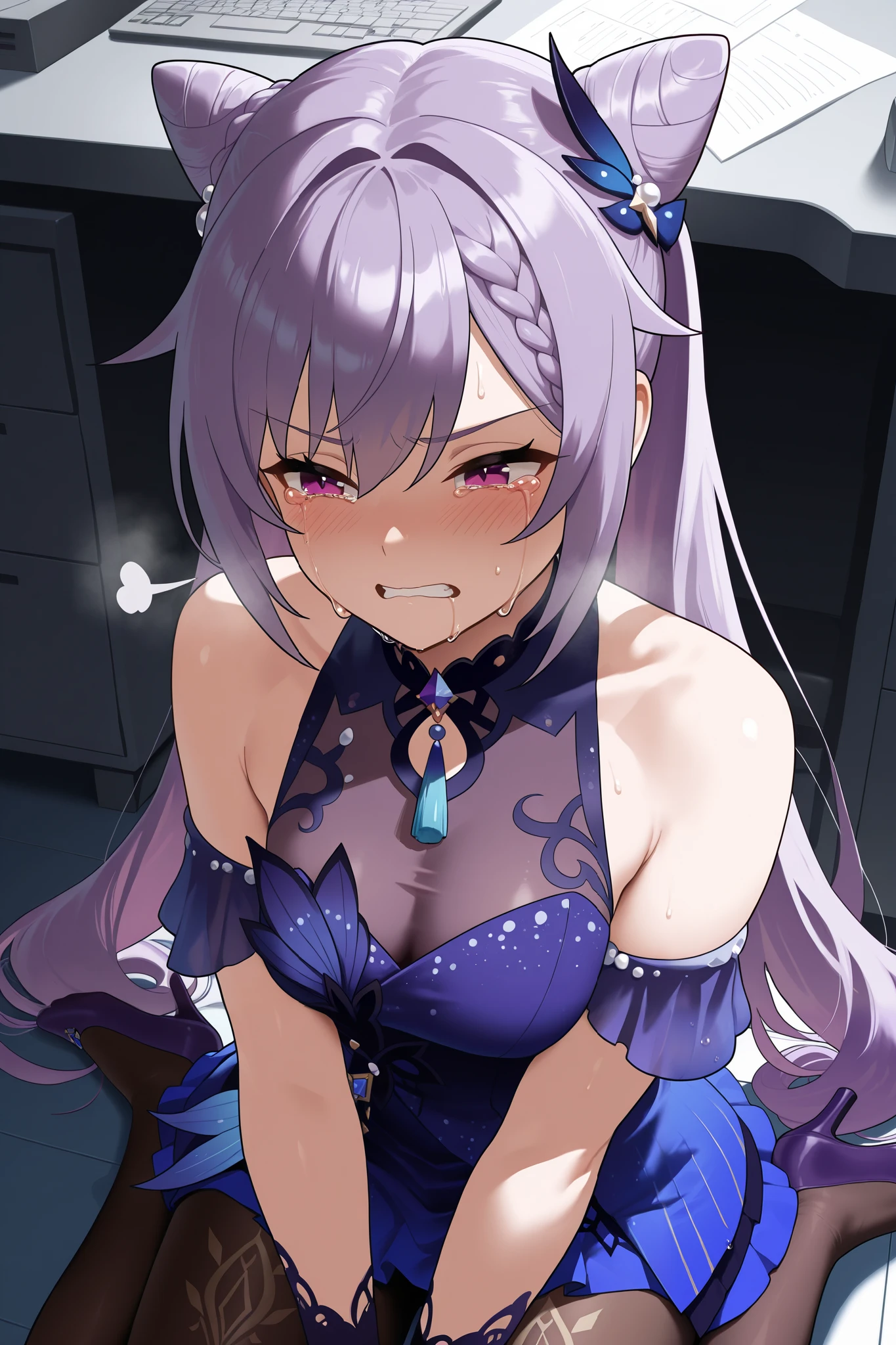 NSFW,masterpiece, top quality, high definition, very detailed,Keqing、 braids、コーンHair Bun、Hair Bun、 hair ornament、 Long Hair 、 purple eyes、 purple hair, Exposed Shoulders、 black pantyhose、Sleeveless、 dress、gloves,Office at night, crying face, exhaustion, I'm tired, sigh