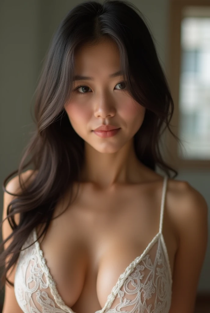 young girl, Asian girl with dark brown hair, big breast, she is dressed in elegant black dress, photo taken on a white background, face close-up. Ultra-high resolution, (photorealistic: 1.4), high resolution, (brown eyes), (finely detailed skin), (perfectly proportioned) (photo realistic) (masterpiece) (photorealistic), ultrarealistic (Best Quality) (Detailed) photographed in a Canon EOS R5, 50mm Lens, F/2.8, (8K) (Wallpaper) (Natural lighting) (Convoluted) Fashion