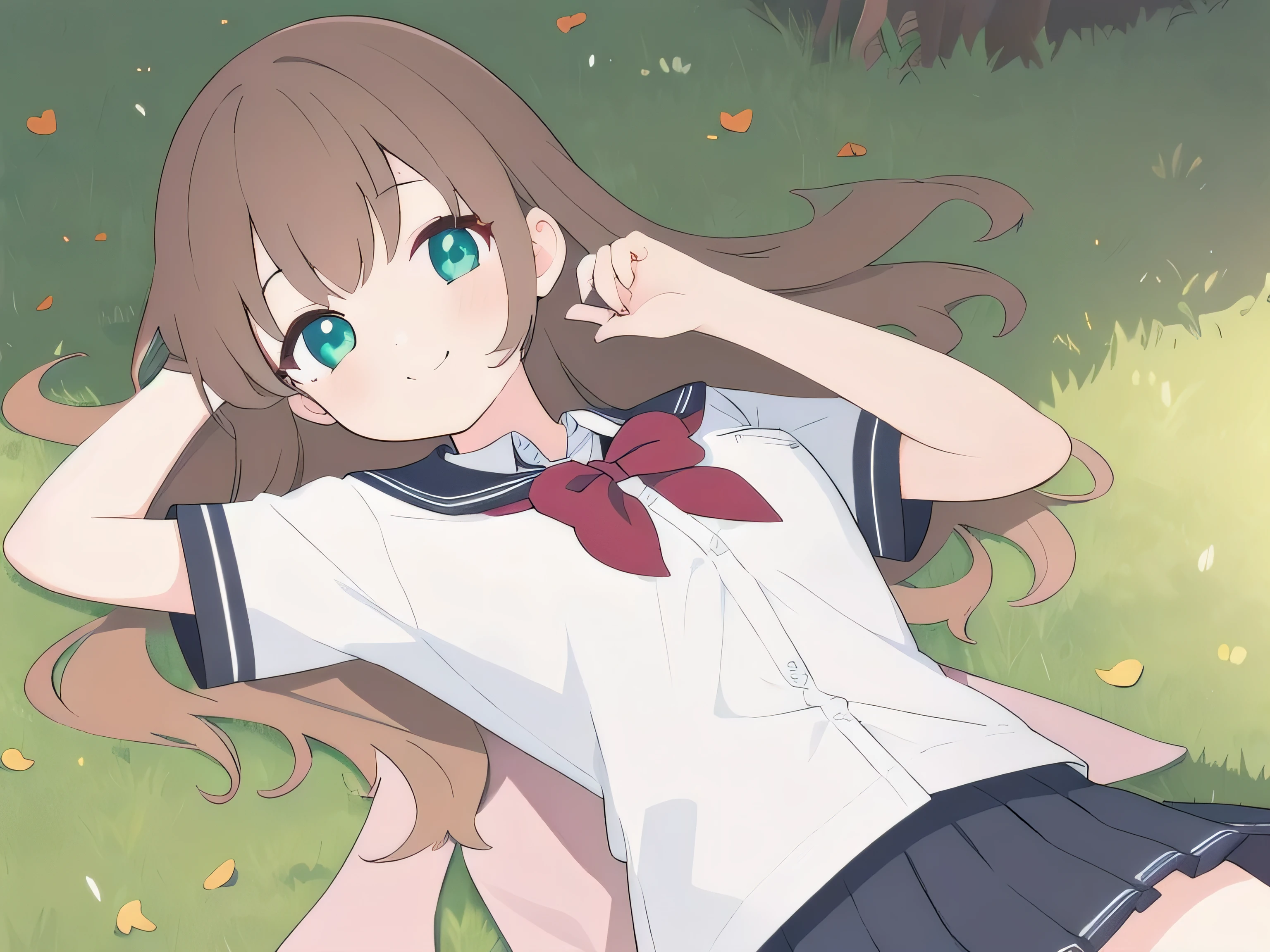  1 girl,Left with brown shawl long hair ， Wearing School Uniform ，， lying on green grass.hair loss.Smile.Sunlight.mini skirt.Short-sleeved tops. HD.detail. High resolution . Ultra HD.cartoon