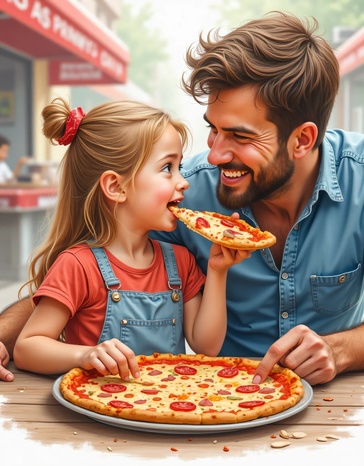 A father and his daughter eating pizza,smile,looking at the daughter,Street Food Stall,pncldrwenCE style,pencil drawing,
color pencil drawing