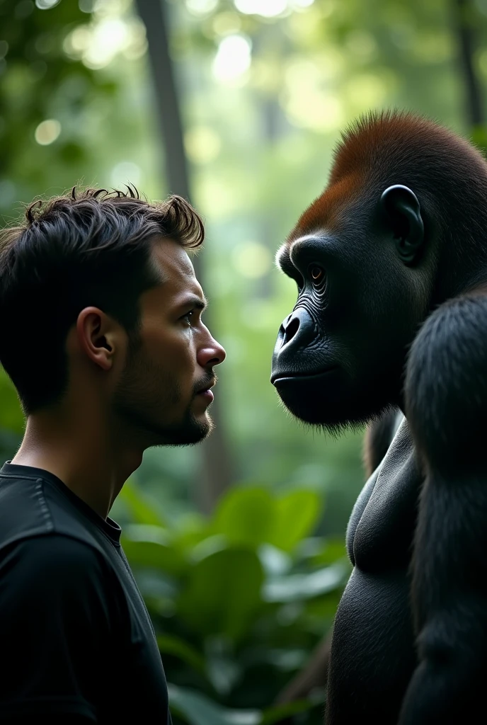 A shaggy unshaven man and a gorilla look at each other through a glass barrier, side view