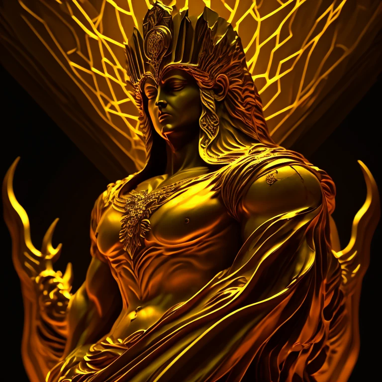 Head very close-up, symmetrically, portraite of a, An old damaged golden statue of an almost naked evil Helios walks on the clouds, Glows, the night, Creepy, it is frightful, Grey, gloomily. An ancient. antique. vector art.