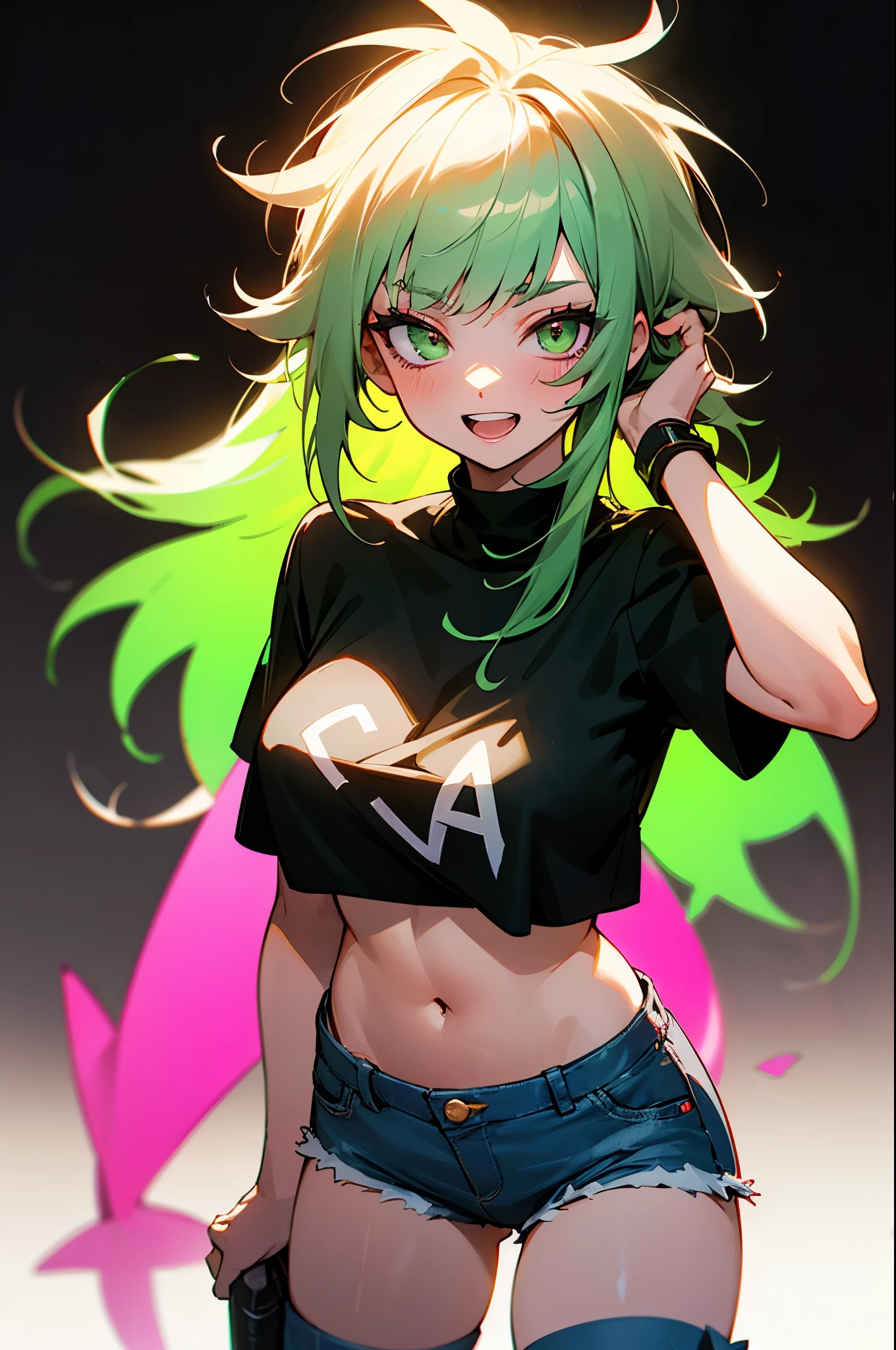 （Vtuber Standing Pictures）、（Standing picture on the front）、Underside_greenarchive, bedazzling eye, exposed Stomach, 露出したbelly button, Naked tummy, length_hair, 前hair, green_eye, black_hair, have, Sleeveless, green_hair, black_Have, belly button, Stomach, Sparkling, Starlight、（（Uplifting））、Hoodie、