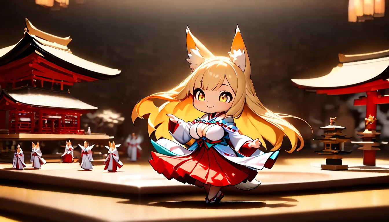 (  Masterpiece ,   top quality:1.2), ((( 1 anime girl))) , (((Alone))),   expressive eyes , Fox&#39;s Tail, ((( blonde long hair ))). ((( straight hair))), milf, mature woman, (smile), ((( golden eyes))), (((Standard shrine maiden costume))), ((( fox ears))), Big Breasts, 嬉しそうなsmile, face shot, (手を振ってsmileで話す),  looking at camera, goofy look, (((Torii of the small shrine ))),  Volume Light ,  subsurface scattering,  Cinematic Light ,  chiaroscuro,  jyojifuku, miko,red hakama, (((((HUGE STUDY ROOM ))))), ((( A miniature of a shrine on a huge desk))), ((( a very small hand-riding goddess on a huge desk))), Bird&#39;s-eye view, (((Tiny 5 cm tall woman ))), SD girl 