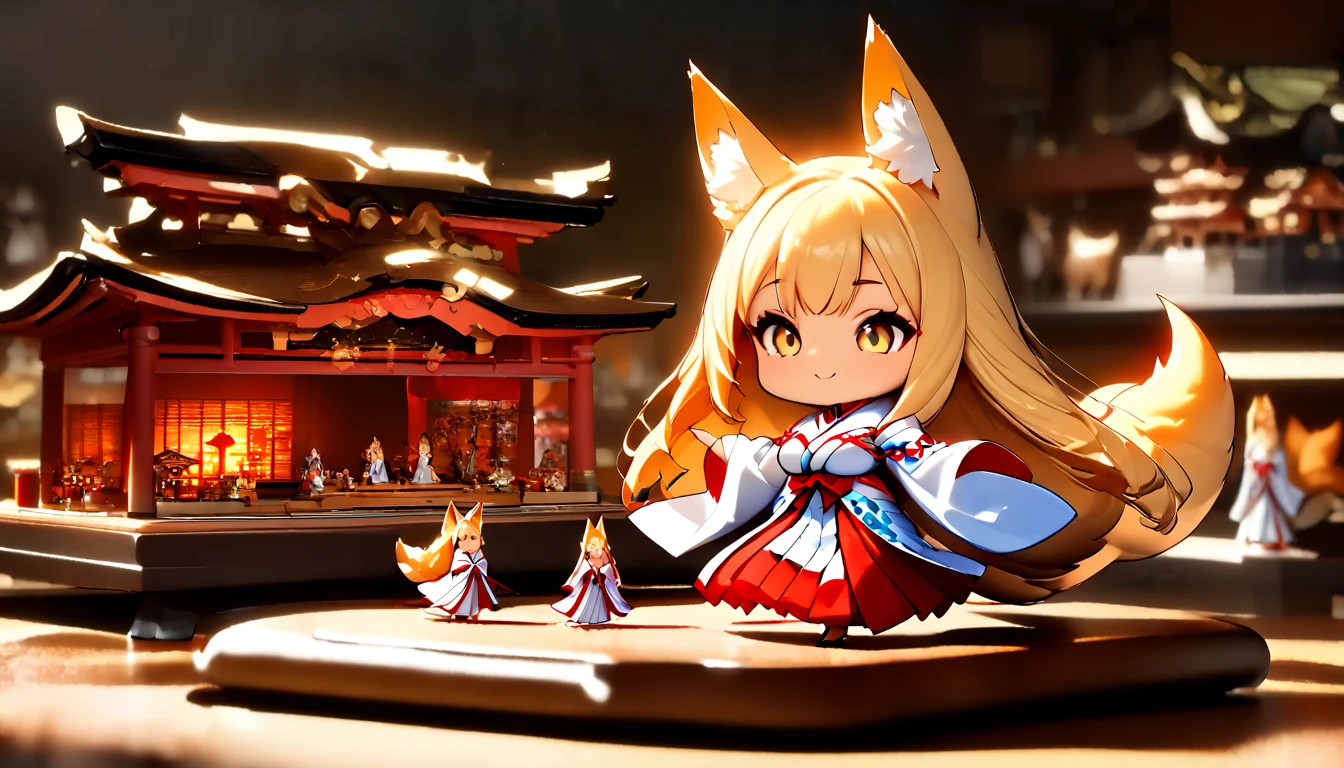 (  Masterpiece ,   top quality:1.2), ((( 1 anime girl))) , (((Alone))),   expressive eyes , Fox&#39;s Tail, ((( blonde long hair ))). ((( straight hair))), milf, mature woman, (smile), ((( golden eyes))), (((Standard shrine maiden costume))), ((( fox ears))), Big Breasts, 嬉しそうなsmile, face shot, (手を振ってsmileで話す),  looking at camera, goofy look, (((Torii of the small shrine ))),  Volume Light ,  subsurface scattering,  Cinematic Light ,  chiaroscuro,  jyojifuku, miko,red hakama, (((((HUGE STUDY ROOM ))))), ((( A miniature of a shrine on a huge desk))), ((( a very small hand-riding goddess on a huge desk))), Bird&#39;s-eye view, (((Tiny 5 cm tall woman ))), SD girl 