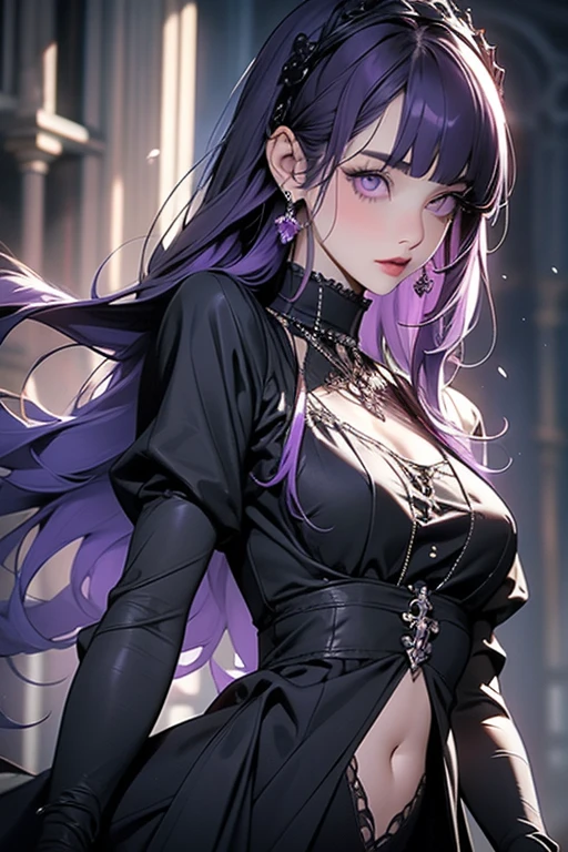 realistic, 1girl, purple hair, blue eyes, black eyeliner, long eyelashes, crop top, skirt, parted lips, blush, night, flowers, moon light, cat ears, black cat, chain on waist, gothic