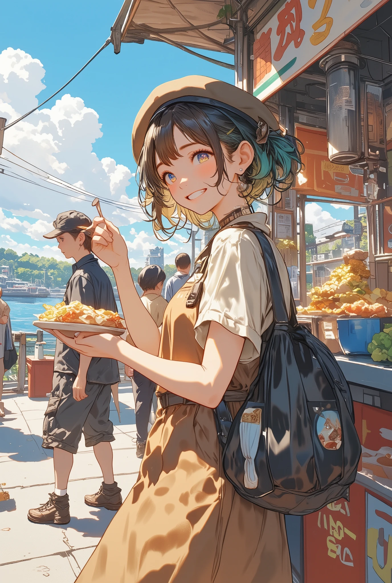 Girl in simple dress, Street Food Stall, High Resolution, Super Detailed, Masterpiece, Ahoge, Riverside Background, Depth Of Field, Asymmetrical Hair, Shell shaped earrings, First-Person View, Ultla-Wide Andle, Character Design, Abatomically Correct, Grin, full body, Multicolored Hair, People pass by, Atmospheric Perspective, Streaked Hair, Solo, Coastal Background, Street crowded food stalls, A girl holdings food in her hand and nibbling on it, Modern, beret, 1girl, Tachi-e, Food On Face, Bright Pupils, Gradient Hair, Sign on street marked "Next XXX2 V", Amsterdom, There's a store for wizard hats, Flower-Shaped Pupils, Multicolored Eyes, Smile, Earrings, Happy, A girl on a busy street, Soft Lighting