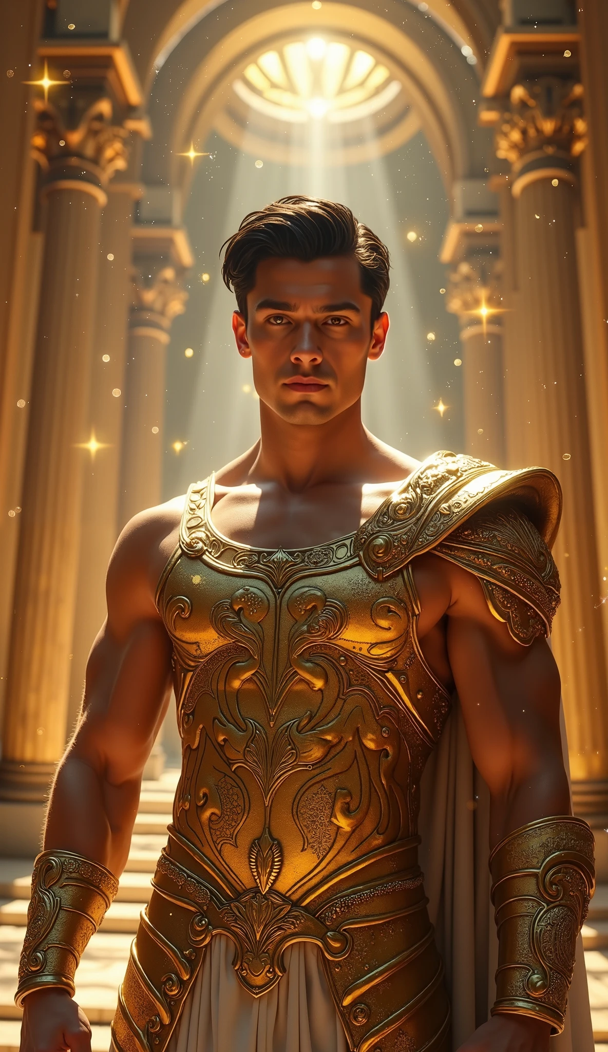 An ancient greek man, Chico, greek god, muscular, Graced, man de 25 años con poderosa presencia, greek headdress, ((wearing detailed greek tunics)), standing inside the greek temple, Intricate, elegant, Very detailed, masterpiece, extremely detailed, detailed background, Whole body, Best Quality, ancient greek architecture, Ancient Greece, eyes, man, (((newly dressed))), bare chest, (((body hair+++))), one arm up, low waist thong, big bulging crotch, clothes made of gold, male face, illuminated by golden sunlight, seductive look, sexy, curtains hanging from the ceiling, NSFW