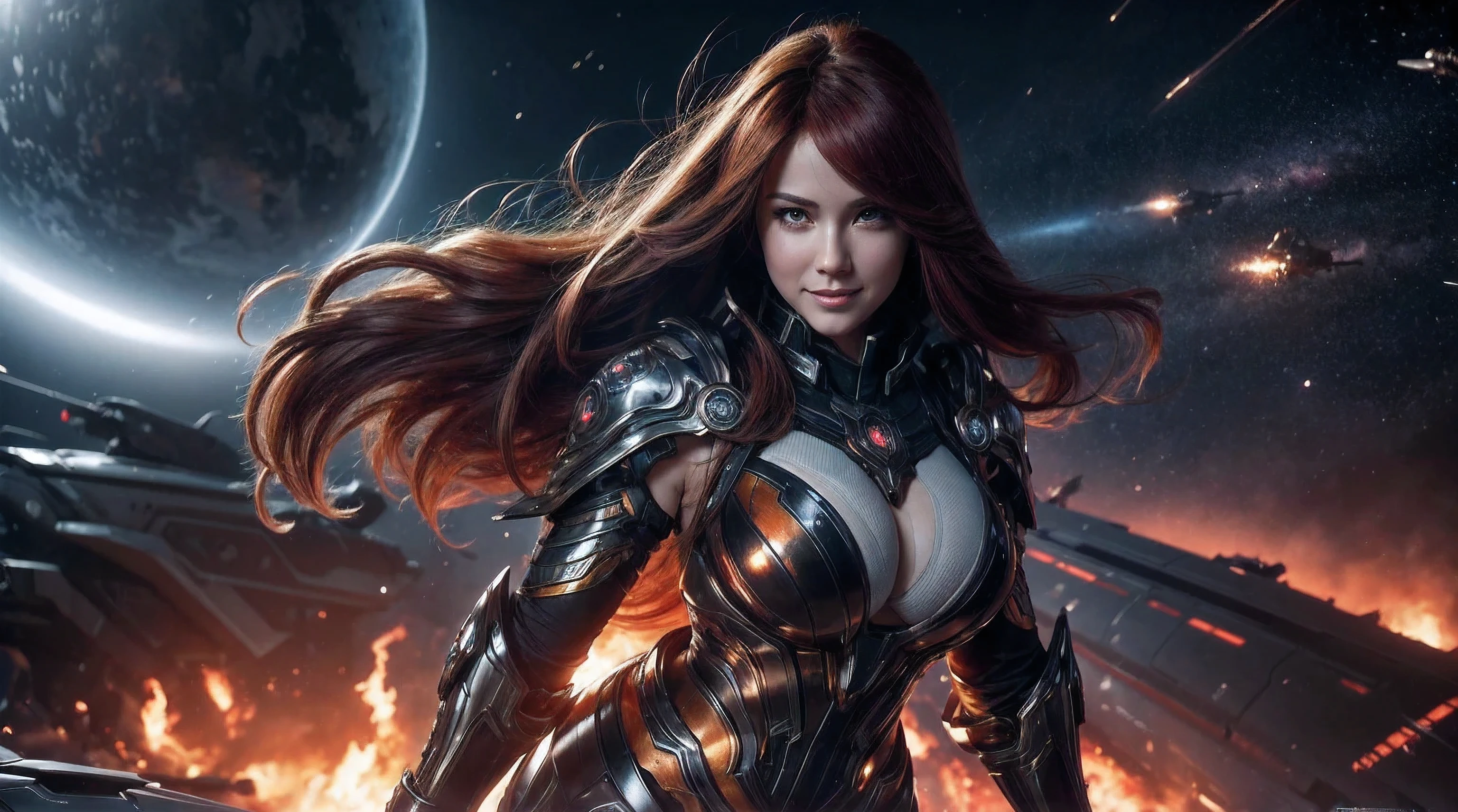 Ultra-realistic visual Dark Moody Atmosphere. The scene shows her emerging from an exploding space battleship engulfed in flames. She has long flowing hair that transitions from white to a vibrant orange hue. She has a curvy figure, dressed in a mix of glossy silver and ice-blue segmented plate armor, ornate motif with beautiful glowing patterns sexy tiny attire showing breasts,  She smiled warmly, her relaxed and joyful expression capturing the moment of elation over victory in war. Surrounding the space battleship are breathtaking futuristic skyscraper landscape. Wide angle shot.  Rendered in ultra-realistic 8K resolution, showcasing every intricate detail of their hair,  Very sharp. FE 85mm f1.8 lens.