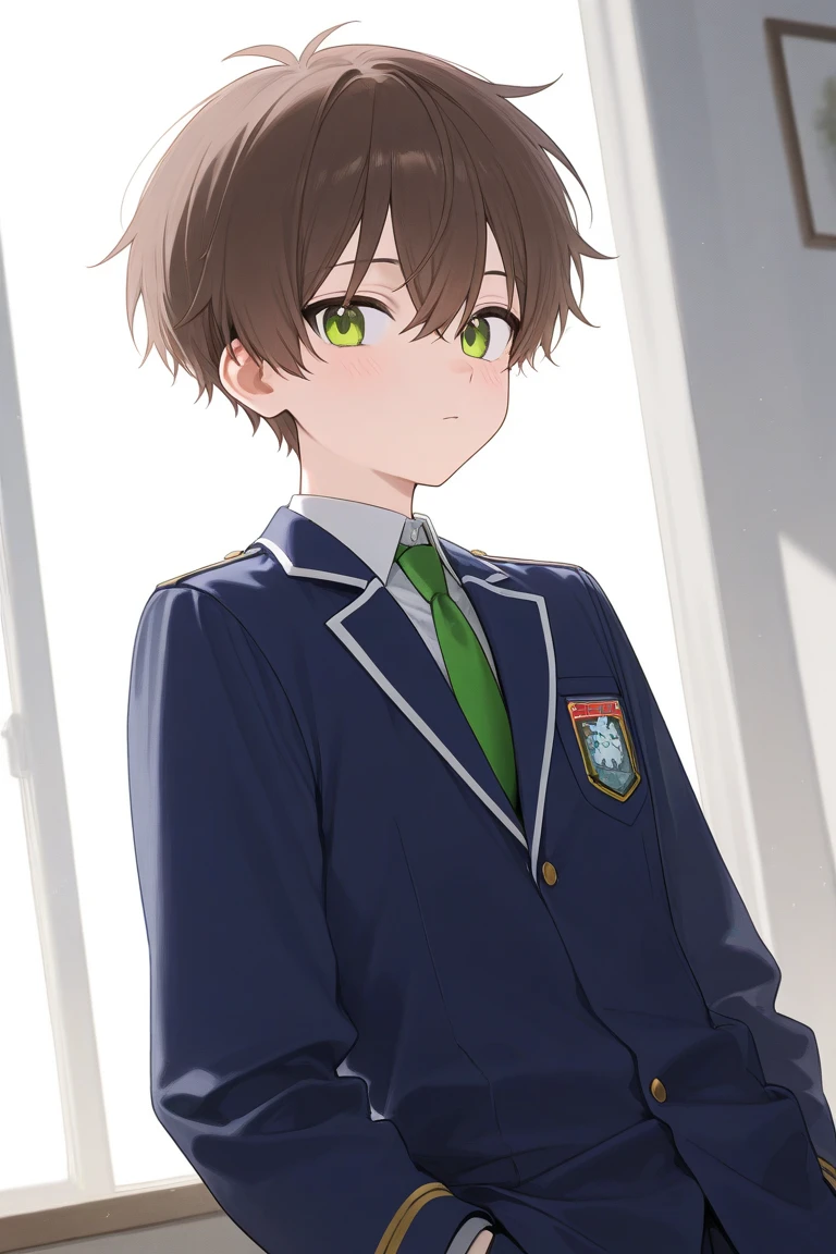 Create a anime boy wearing uniform with brown hair and green eyes 