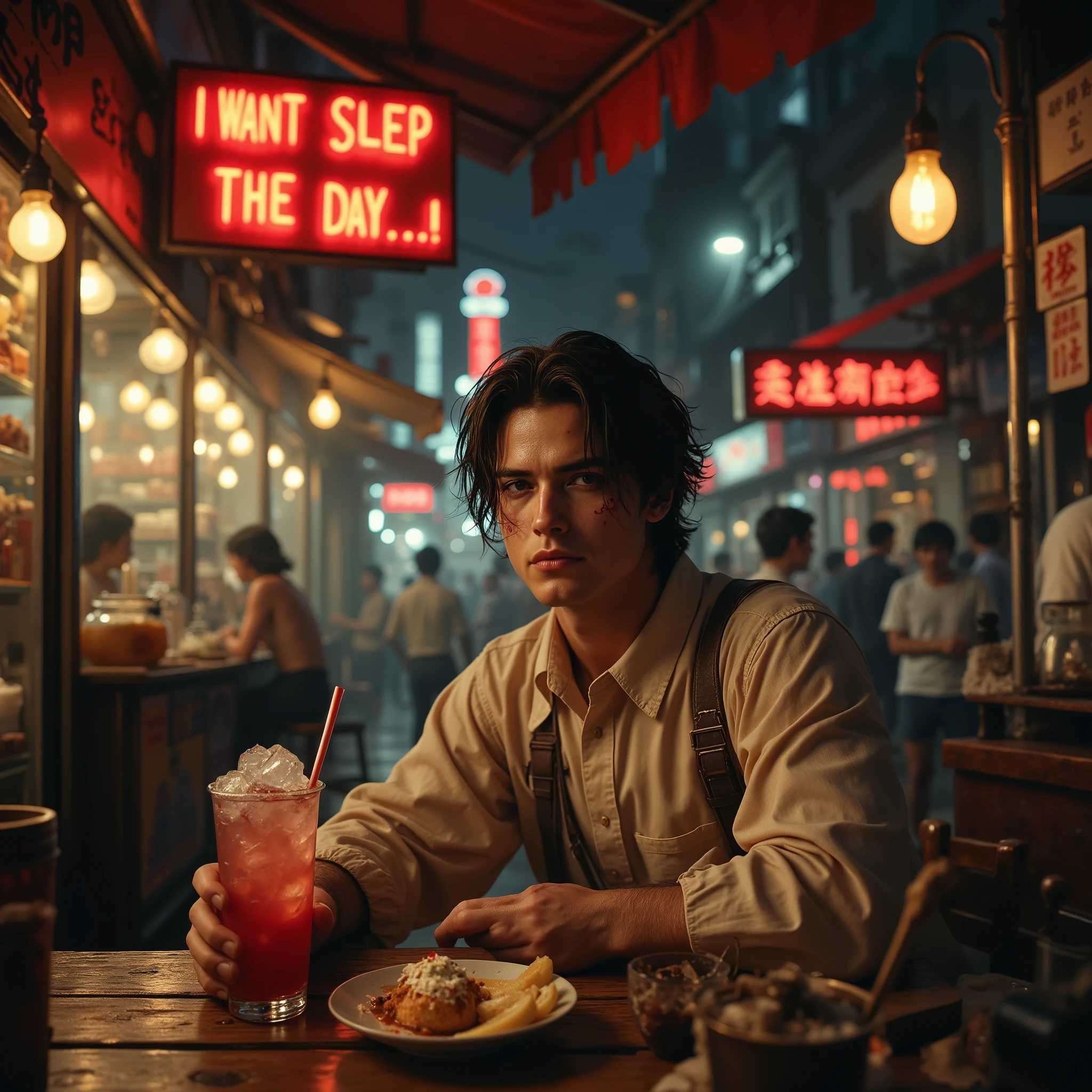 1young man\(scar on cheek,intense expression,aidmafluxpro1.1, resting her head on a wooden table, holding a cocktail cone in one hand and an vodka glass in the other hand, messy posture,dangerous aura\), background\((Street Food Stall)Lively night cityscape, bright light from street lamps \),speech balloon say ”I want to sleep all day...!”,warm and rich tones, intricate details, dramatic lighting,humorous and casual atmosphere, realistic photo style,high-quality, detailed