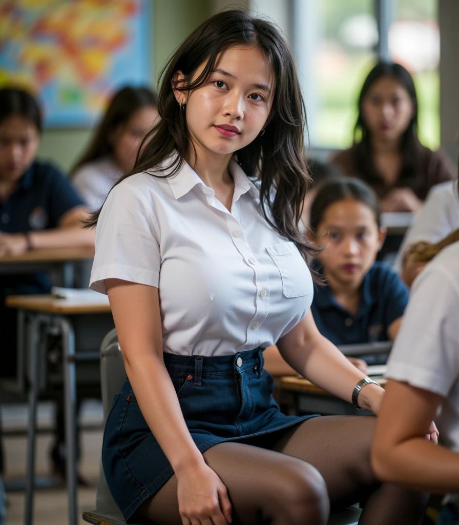 woman,free hair,realistic, looking at the camera, 18 years old,  masterpiece, best quality, illustration, super detailed, Fine details, alta resolución, 8K,, Perfect dynamic composition ,(Details High quality, Realistic representation of the eyes :1.3), ( white school shirt :1.2), mini skirt, tall black stockings, long hair, curly hair, school,Big Breasts , black hair color , large lips in natural color , ( perfect body shape ), 20 year old girl、cute girl、Beautiful legs , gravure idol , ((cleavage)), (( busty )), (( big   )), pretty face, beautiful face , full body, pose sexy, beautiful nose, sexy, hot, bed, sitting on chair, Desk, ((Desks)), ((Classroom)), ((students)), ((((crowd)))), , hoop earrings, ((thick thighs)), (wide hips), whore, final, hooker, Thot, Instagram , Schoolgirl, school uniform, (((night))), Dark,  (freckles), (((midriff))), short, short stature, short height, 
