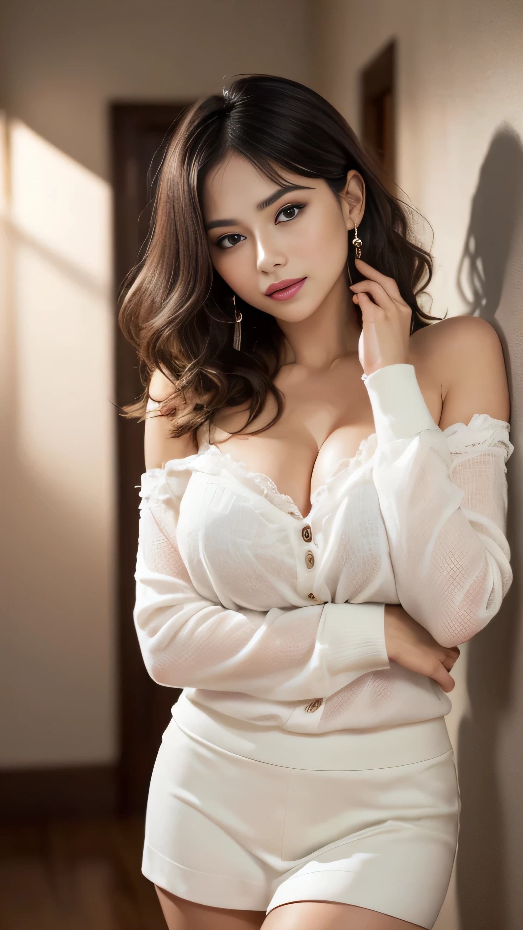 A beautiful, young woman with a cute, innocent face, wearing a sexy, form-fitting sweater, looking directly at the camera, cinematic lighting, detailed facial features, porcelain skin, long flowing hair, elegant pose, detailed clothing folds, (best quality,4k,8k,highres,masterpiece:1.2),ultra-detailed,(realistic,photorealistic,photo-realistic:1.37),digital painting, vibrant colors, warm lighting, dreamy, elegant, high fashion