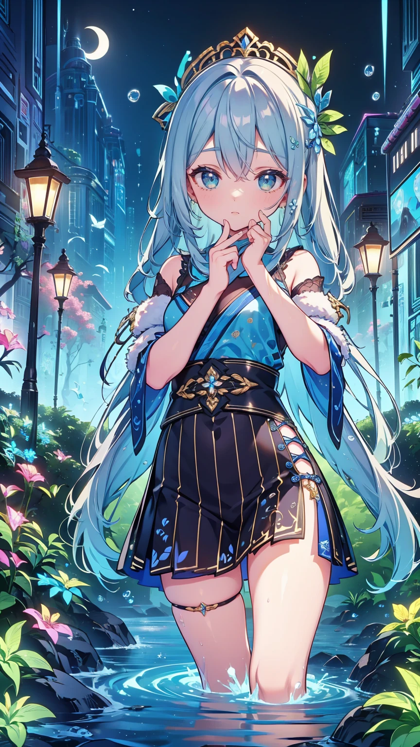 realistic image, detailed image, coherent image, 1 beautiful girl, she has very long hair, white hair with blue stripes. Her eyes are heterochromic: the right eye has a light blue iris and a drop-shaped dark blue pupil, while the left inverts the color combination. Smiling expression. She is wearing a strapless top, a cardigan, plaid pleated miniskirt, sneakers, She has a curvy body, small breasts and thick thighs, She is posing sensually, arching her back, French atmosphere, surrounded by a park, surrounded by flowers. Soft focus, Dramatic shadows, Volumetric lighting, natural lighting,furina,heterochromia,focalors