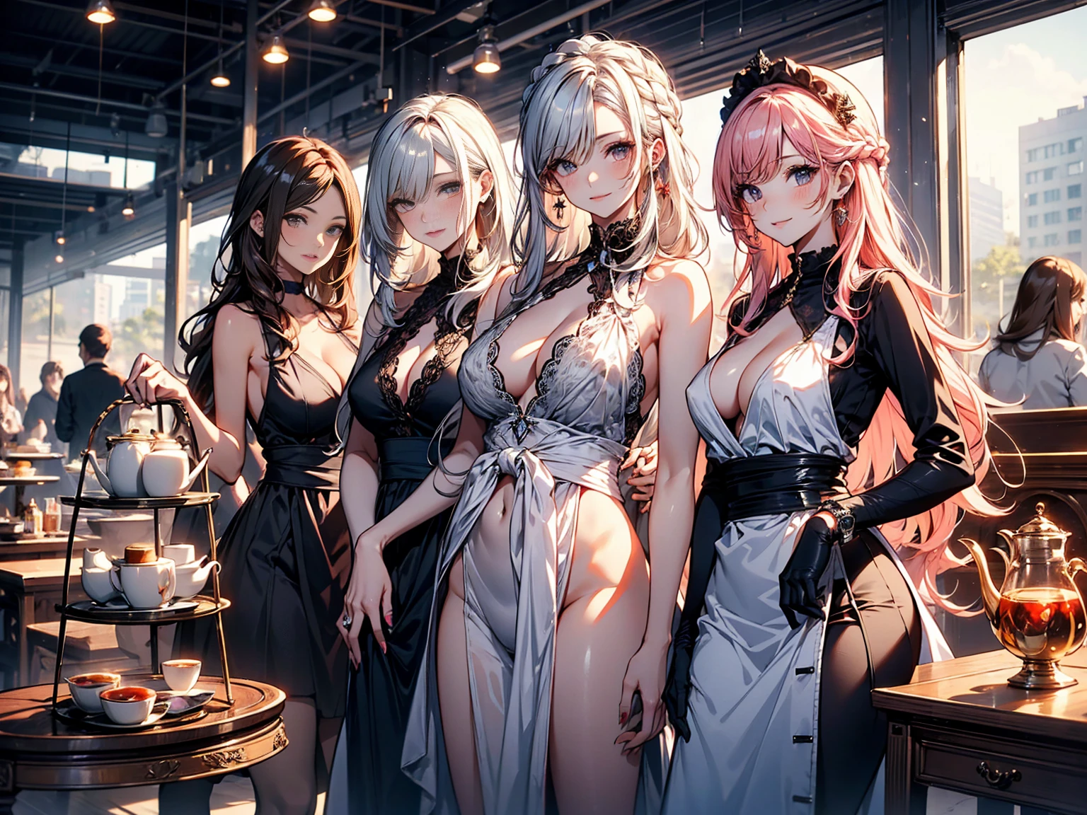 ((((Haremの4人のキャラクターが笑顔で描かれました))))、A group of female adventurers set in a medieval fantasy world,Dragon Quest, (At the pub:1.3), (Various Hair Styles), (Colorful and vibrant hair color:1.2), (Dark eyes), (Dark brown nipples and areola:1.3), (Harem:1.5), night, (Lamp light:1.6), detailed aspects, (Colorless clothing:1.5), (All of them are wearing revealing clothes.:1.2), (Clothes that are transparent like air, even to the nipples and areola:1.8), (Low V-neck), (No bra:1.2), (No underwear:1.2), (Exposed breasts:1.4), (Exposed Skin:1.2), (Micro Mini Skirt), Seduce, Sleeveless, Large Breasts、A little bigger ass、Slightly narrow waist,