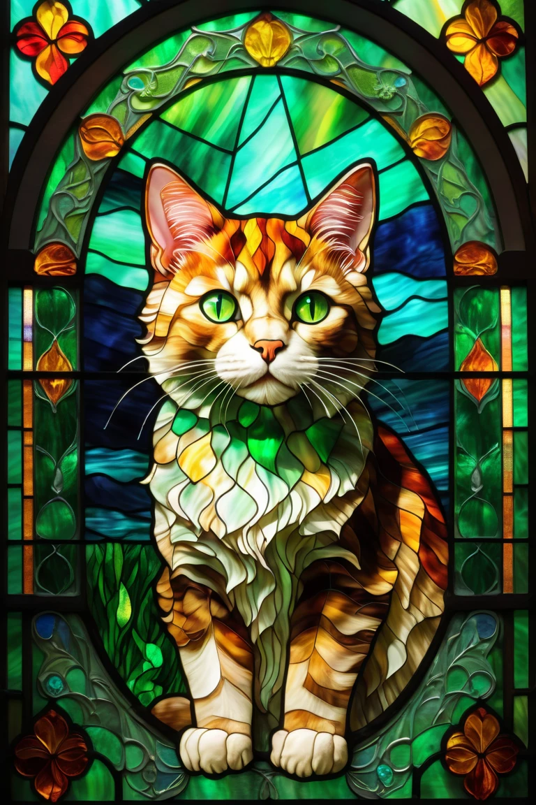 a close up of a  Stained Glass window with a Cat on it,  Stained Glass art,  Stained Glass style, maxim verehin  Stained Glass,  Stained Glass,  Stained Glass!!,  Stained Glass,  Stained Glass window, psychedelic Cat, Cat, glowing  Stained Glass backdrop, 非常詳細なCat, green  Stained Glass, intricate  Stained Glass,  inspired by Pascal Blanchet , Cat themed