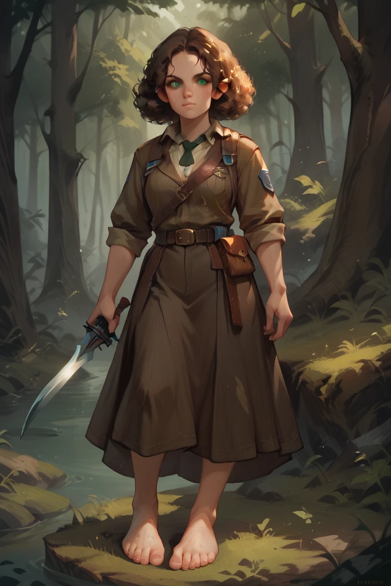 Halfling race,  Ranger class, (female), short curly brown hair, large hairy feet, emerald eyes, with a crossbow and arrows stored on her back, with a short sword in her right hand, around her neck she has a shark's tooth, forest