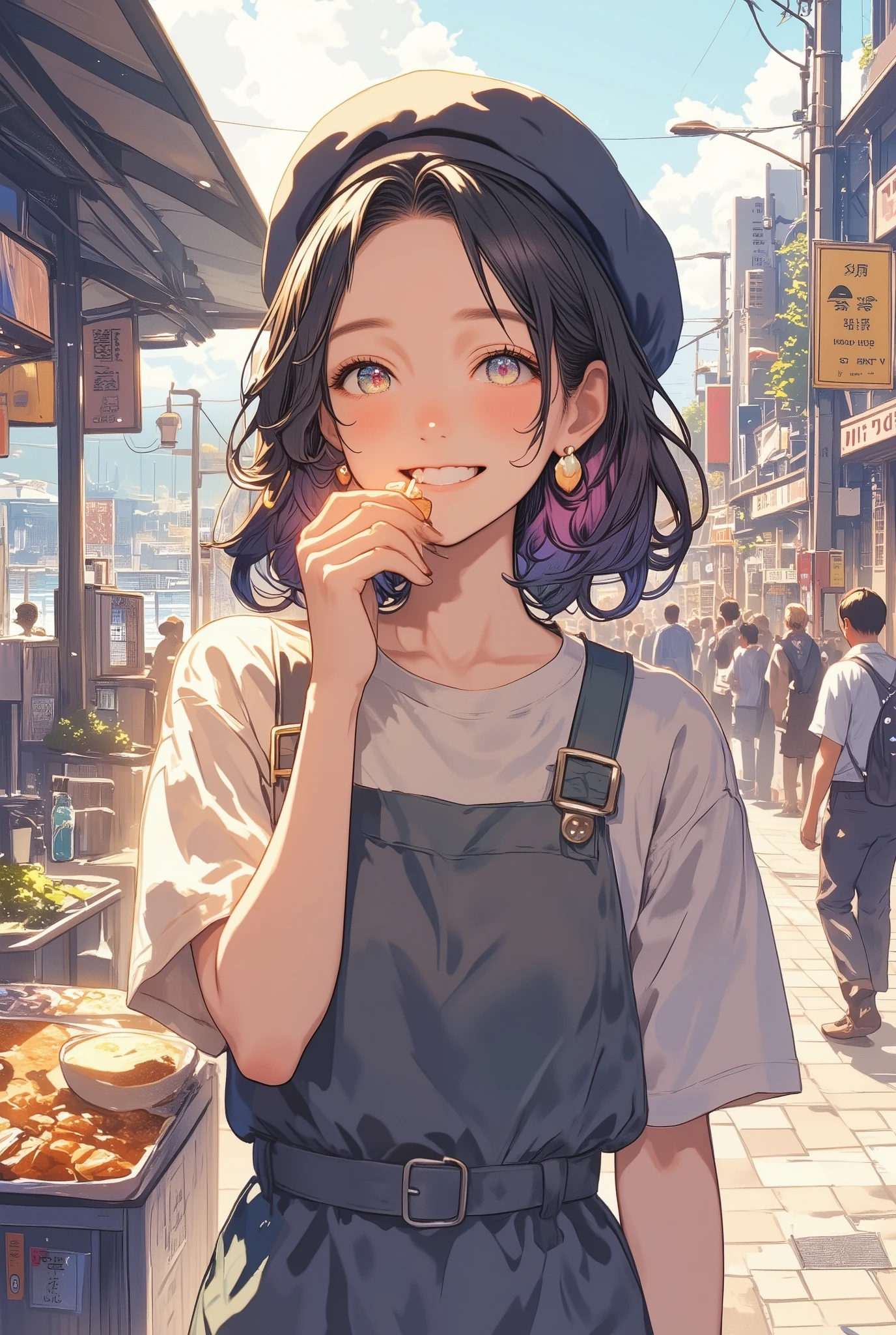 Girl in simple dress, Street Food Stall, High Resolution, Super Detailed, Masterpiece, Ahoge, Riverside Background, Depth Of Field, Asymmetrical Hair, Shell shaped earrings, First-Person View, Ultla-Wide Andle, Character Design, Abatomically Correct, Grin, full body, Multicolored Hair, People pass by, Atmospheric Perspective, Streaked Hair, Solo, Coastal Background, Street crowded food stalls, A girl holdings food in her hand and nibbling on it, Modern, beret, 1girl, Tachi-e, Food On Face, Bright Pupils, Gradient Hair, Sign on street marked "Next XXX2 V", Amsterdom, There's a store for wizard hats, Flower-Shaped Pupils, Multicolored Eyes, Smile, Earrings, Happy, A girl on a busy street, Soft Lighting