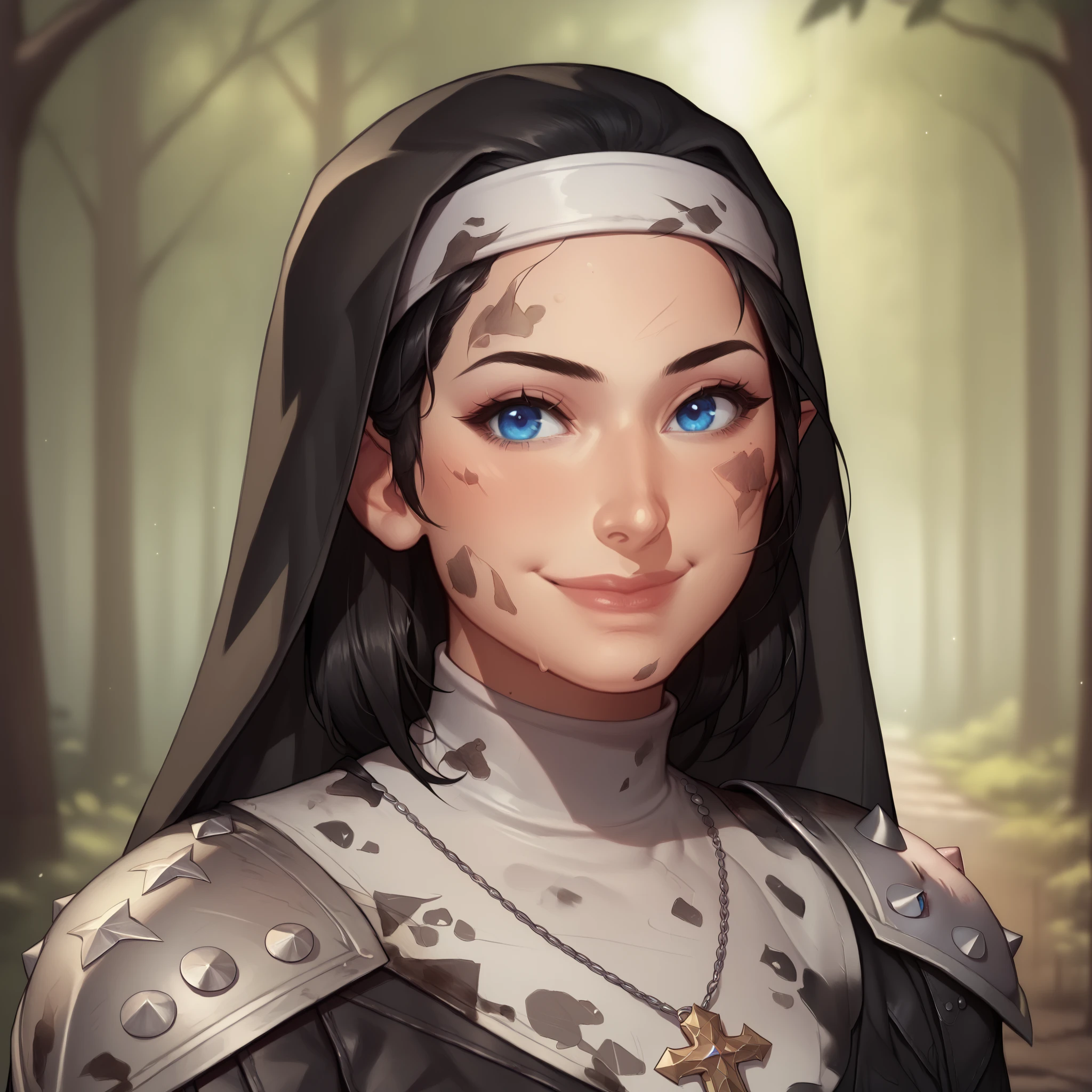 (((beautiful, high quality, comics style, detailed face))), score_9, score_8_up, score_7_up, BREAK, 1girl, duxlipa, warrior nun, small pointed ears, black hair, blue eyes, leather armor, (leather shoulder pads:1.4), simple pendant, nun veil, dirty clothes, smile, docile, female focus, solo:1.4, portrait, upper body, portrait, looking at the viewer, forest background, fantasy, blurred background, Expressiveh, detailxl, DeepNegative_xl_v1, zPDXL3