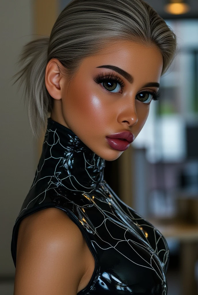 porn girls , Cosplay black Latex spiderwoman,No mask,young girl 18 years, No mask cute young face,The face is watching ,  gray short hair,ponytail, black eyes,See full upper body, 