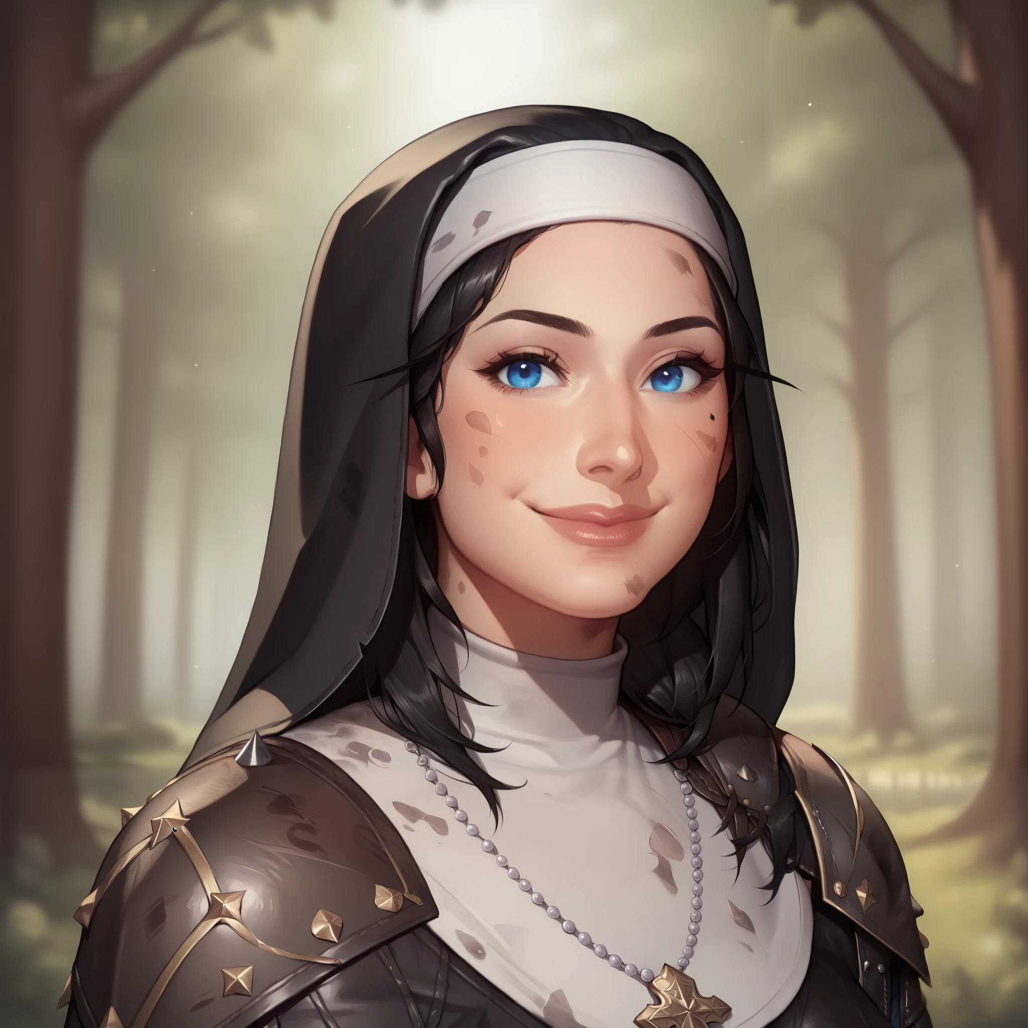 (((beautiful, high quality, comics style, detailed face))), score_9, score_8_up, score_7_up, BREAK, 1girl, duxlipa, warrior nun, small pointed ears, black hair, blue eyes, leather armor, (leather shoulder pads:1.4), simple pendant, nun veil, dirty clothes, smile, docile, female focus, solo:1.4, portrait, upper body, portrait, looking at the viewer, forest background, fantasy, blurred background, Expressiveh, detailxl, DeepNegative_xl_v1, zPDXL3