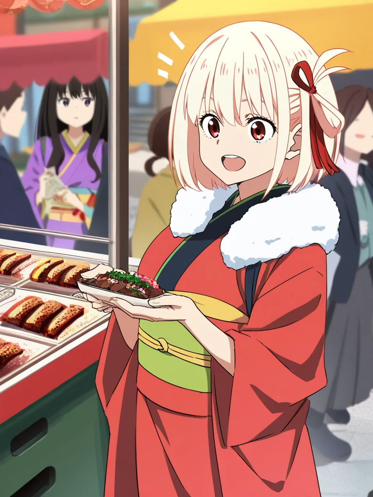 masterpiece, best quality, two girls, misaka mikoto, toaru kagaku no railgun, shirai kuroko, toaru kagaku no railgun, Furisode, These women happily eat their way through the food stalls where people are passing by., Street Food Stall,