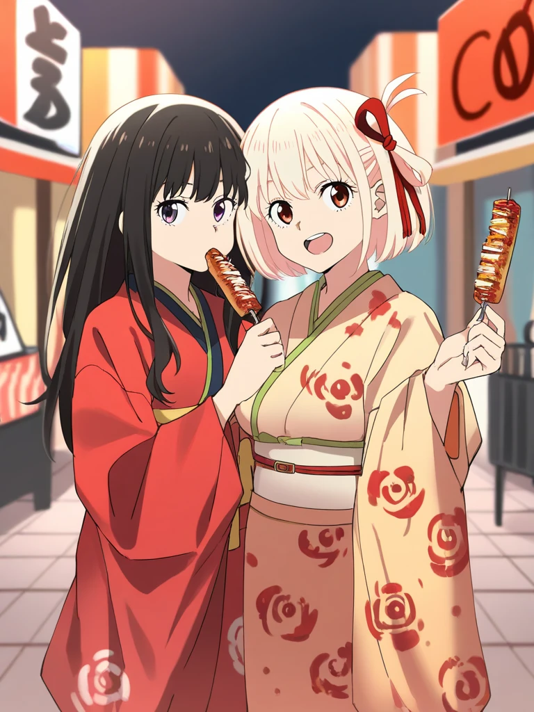 masterpiece, best quality, two girls, misaka mikoto, toaru kagaku no railgun, shirai kuroko, toaru kagaku no railgun, Furisode, These women happily eat their way through the food stalls where people are passing by., Street Food Stall,