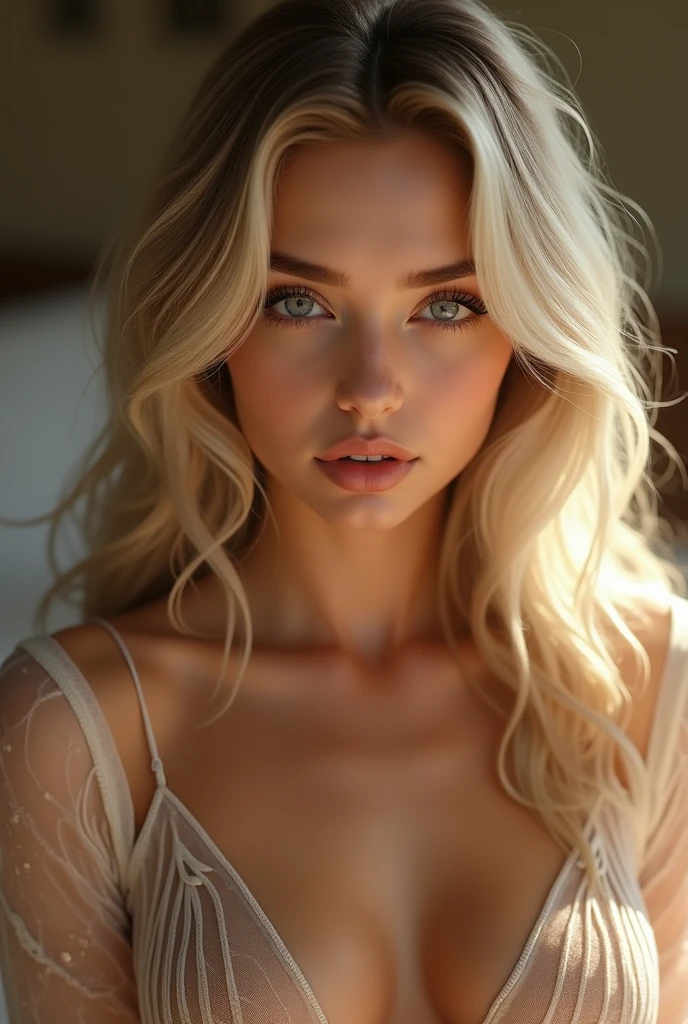 Extreme close shot of a blond woman, with an onion-like face with white skin and light blushes, long ondulating hair in a sophisticated structured asymmetrical messy updo, (tiny waist with very busty breast :1.4), white tones, torn up clothese revealing busty cleavage, Victorian era, Victorian style photography, anthotype print